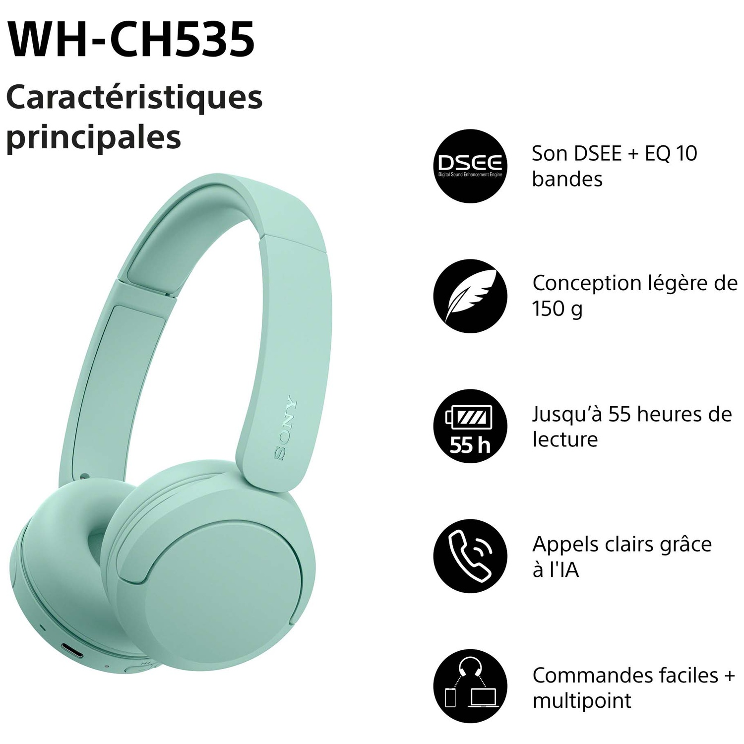 Casque sans fil Sony WH-CH535 vert menthe avec icônes de fonctionnalités sur fond blanc.