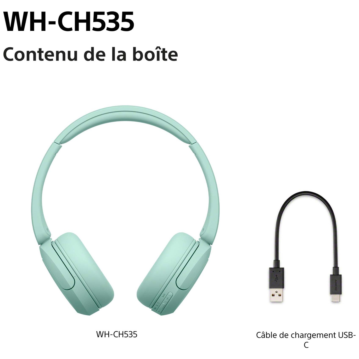 Casque sans fil vert menthe avec câble de charge USB-C noir sur fond blanc, étiqueté WH-CH535.