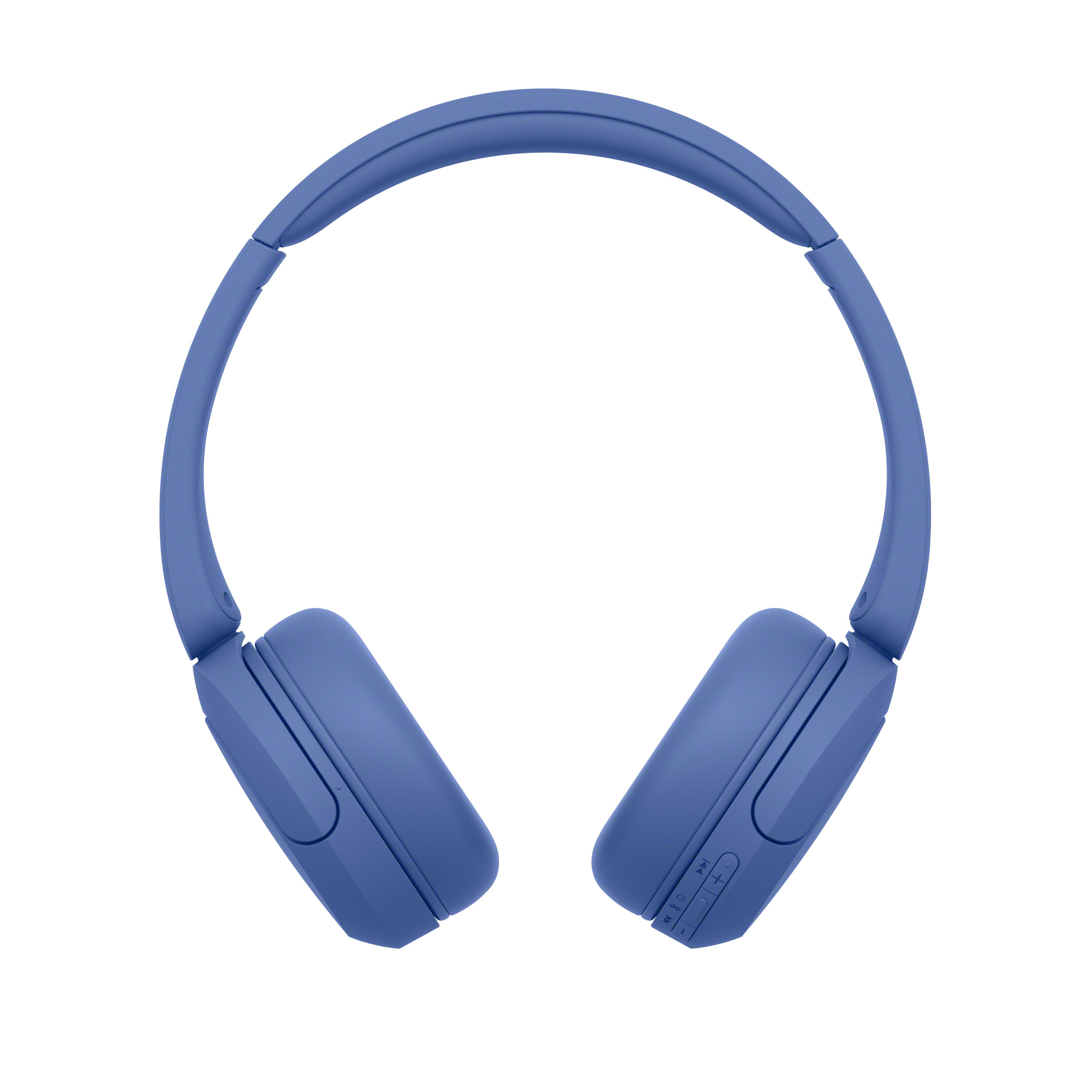 Un par de auriculares inalámbricos supraaurales azul mate sobre fondo blanco.