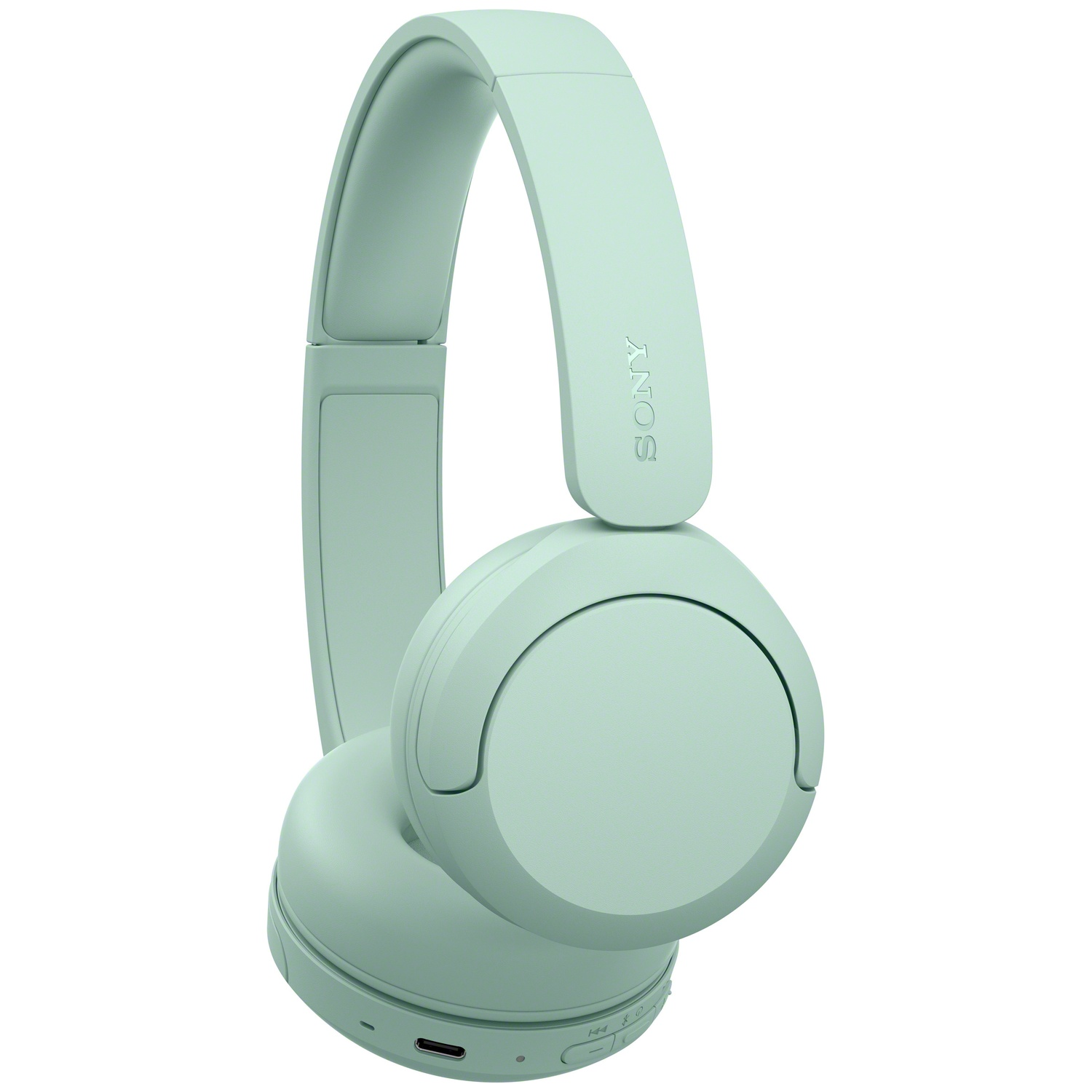 Casque supra-auriculaire Sony vert clair avec port USB-C sur fond blanc.