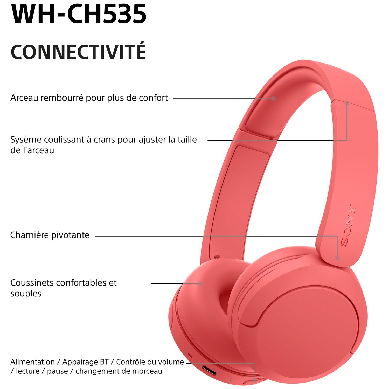 Casque rose avec des légendes sur le confort, l'arceau réglable, les charnières pivotantes, les coussinets et boutons.