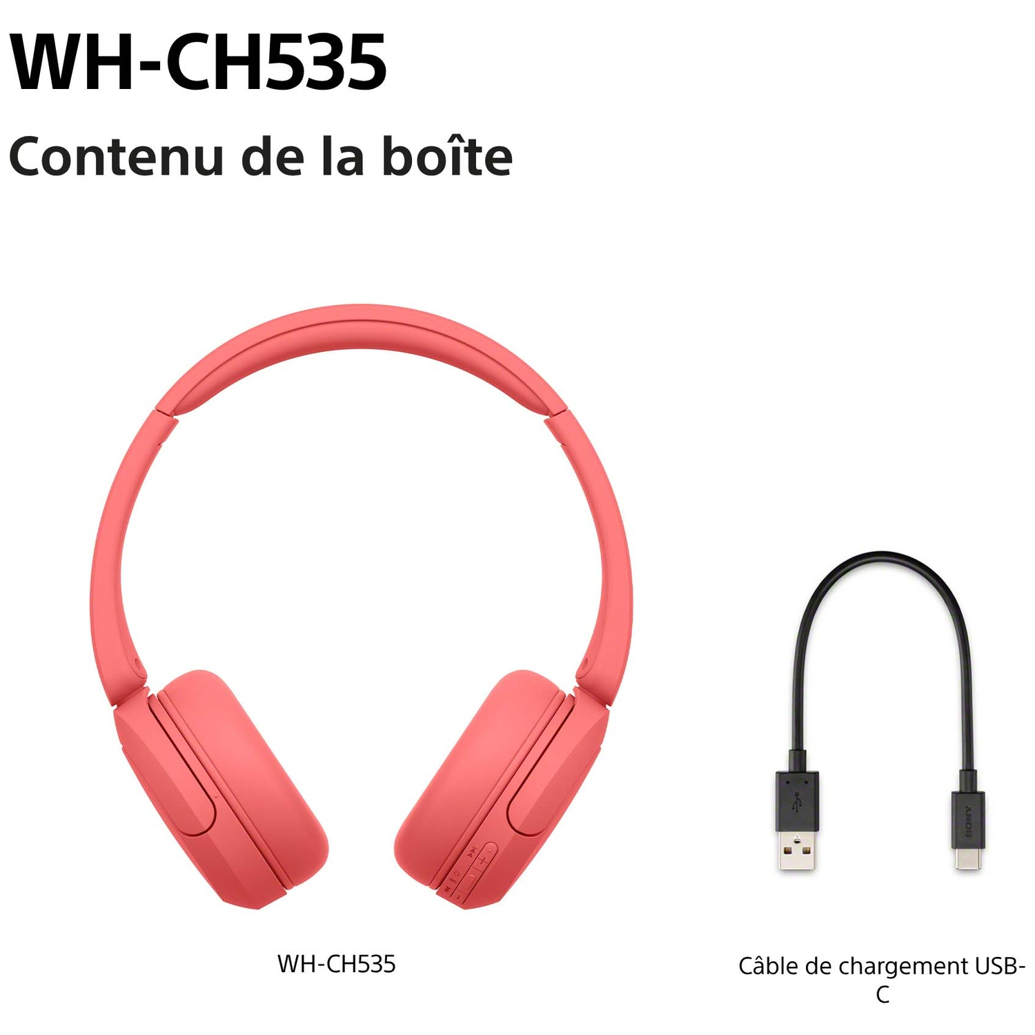 Casque sans fil rose WH-CH535 avec câble de charge USB-C noir sur fond blanc.