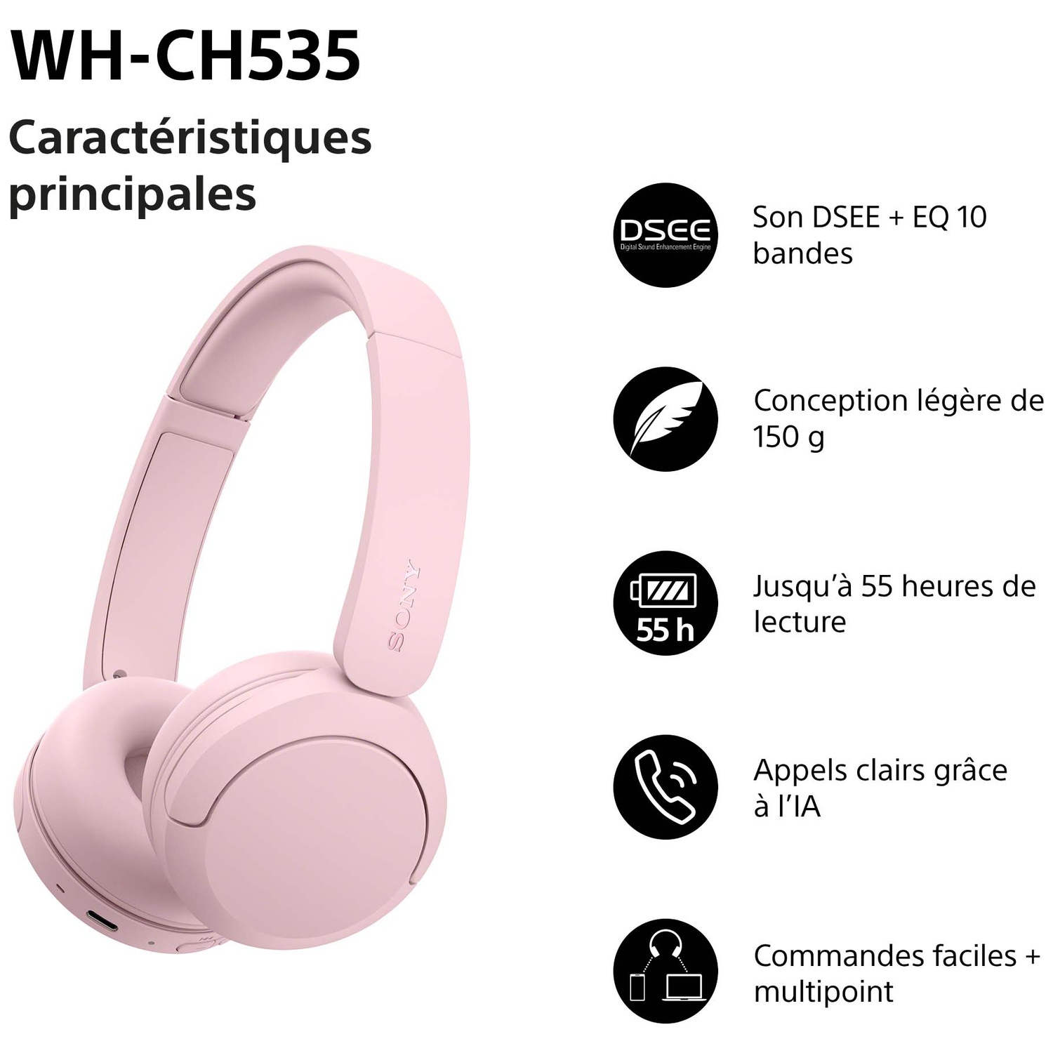 Casque rose Sony WH-CH535 avec ses caractéristiques principales sur fond blanc.