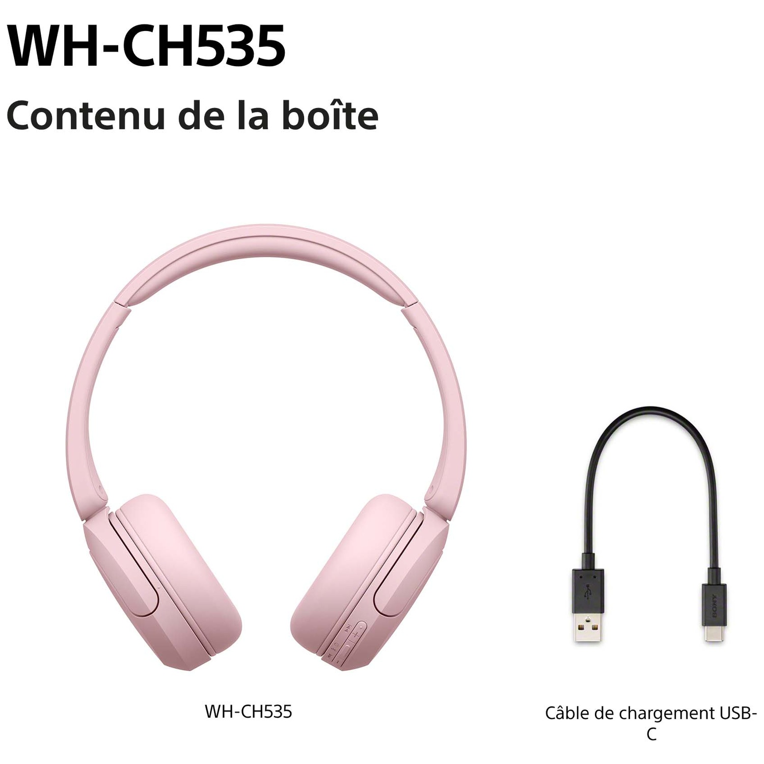 Casque sans fil rose WH-CH535 et câble de charge USB-C sur fond blanc.
