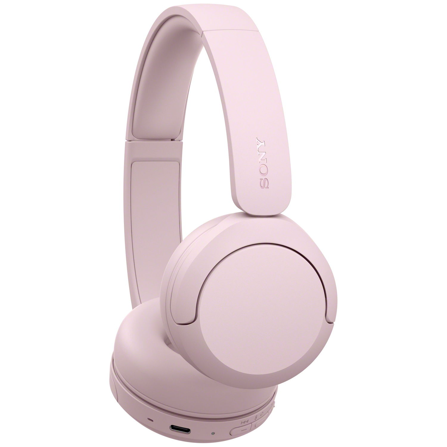 Casque supra-auriculaire Sony rose avec bandeau réglable et port de charge.