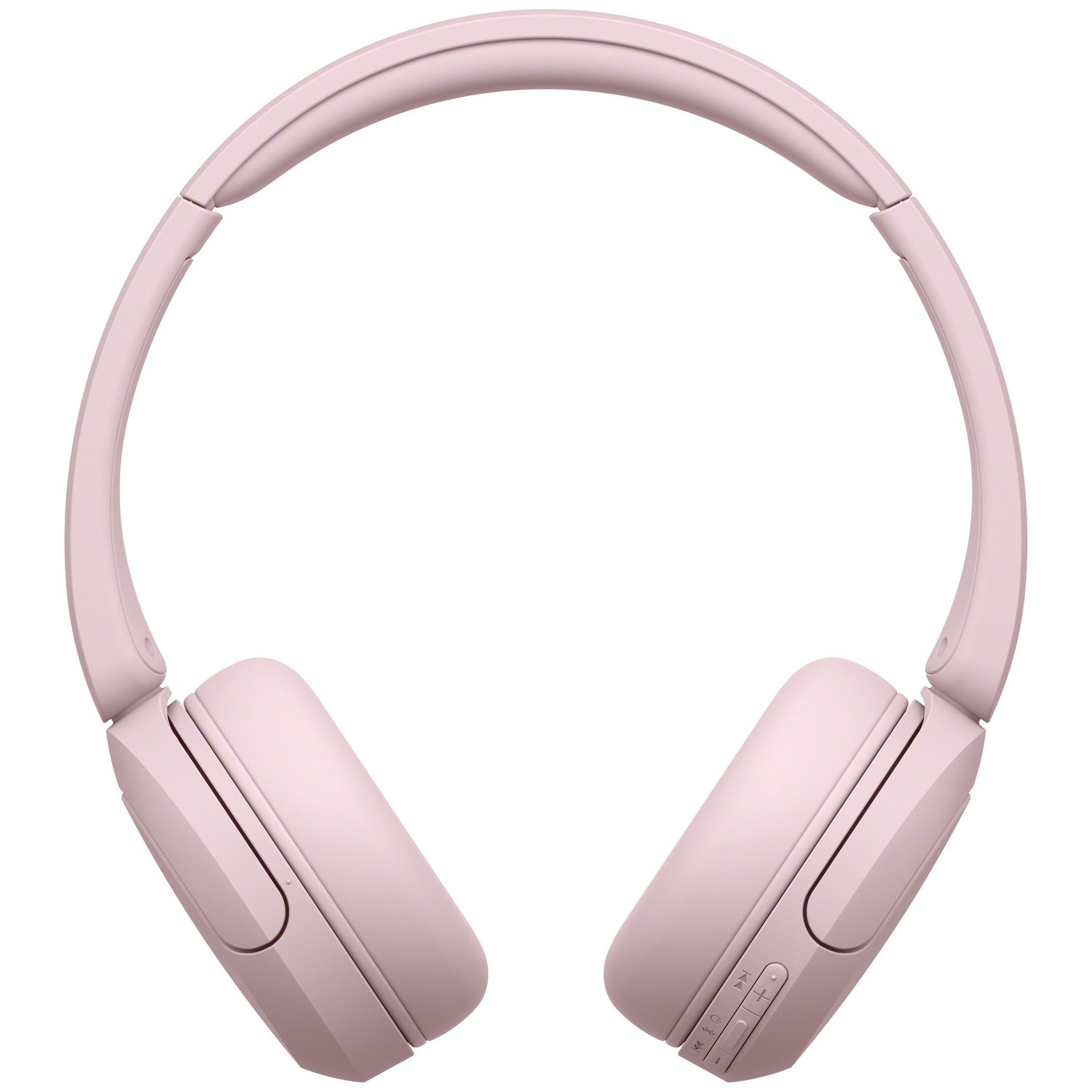 Une paire de casques sans fil rose clair sur fond blanc.