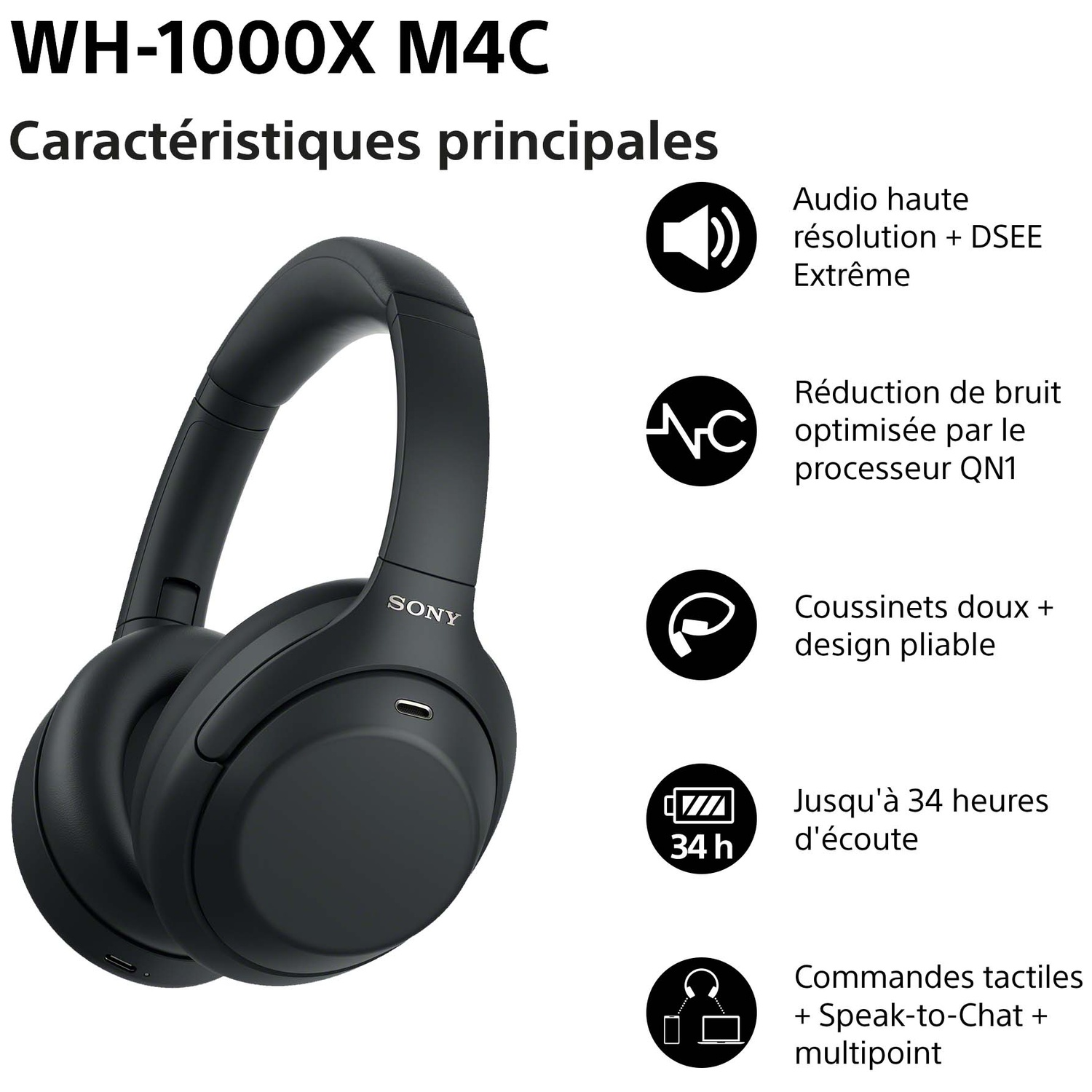Casque noir Sony WH-1000XM4 présentant les principales caractéristiques comme la réduction de bruit.