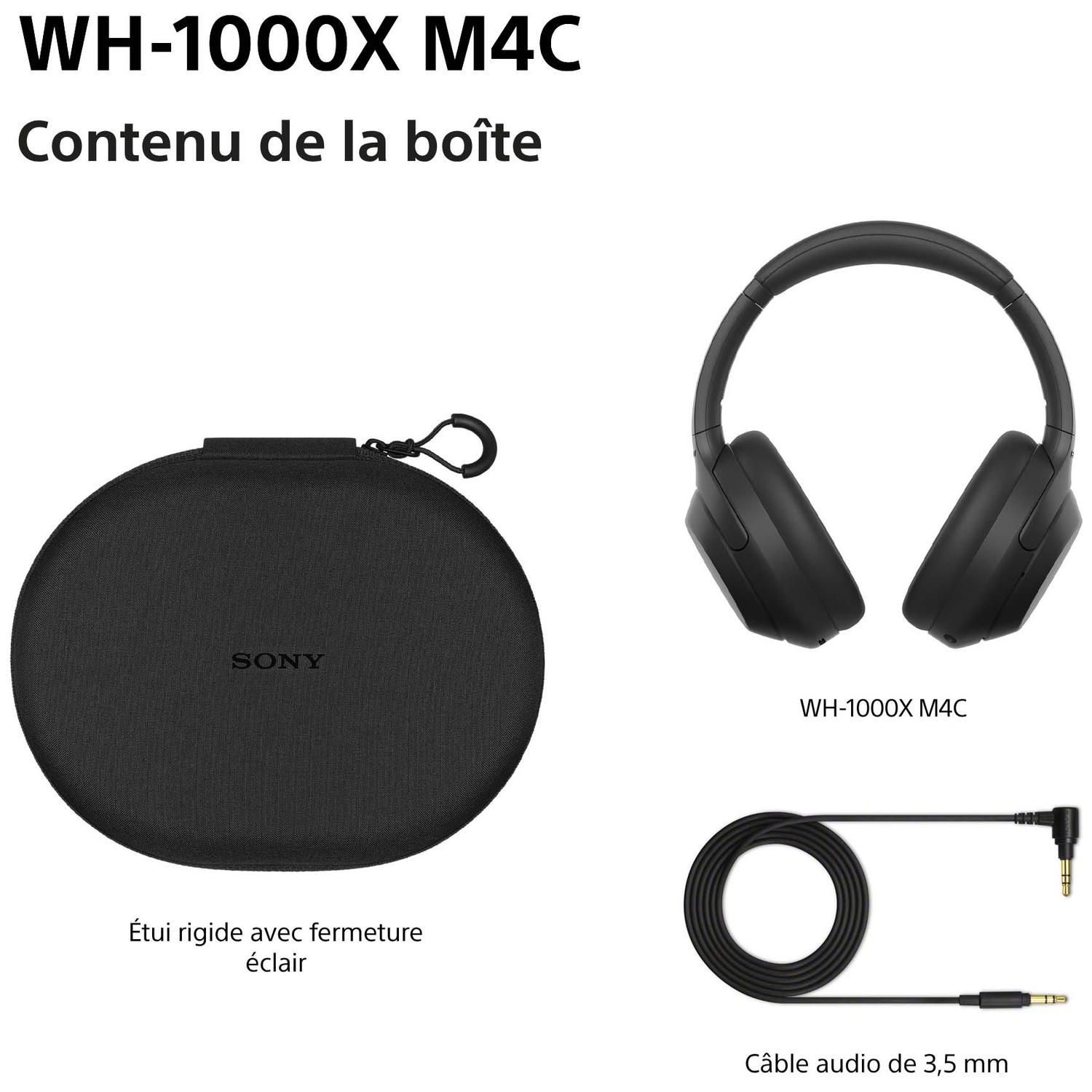 Casque Sony WH-1000X M4C, étui rigide et câble audio de 3,5 mm.
