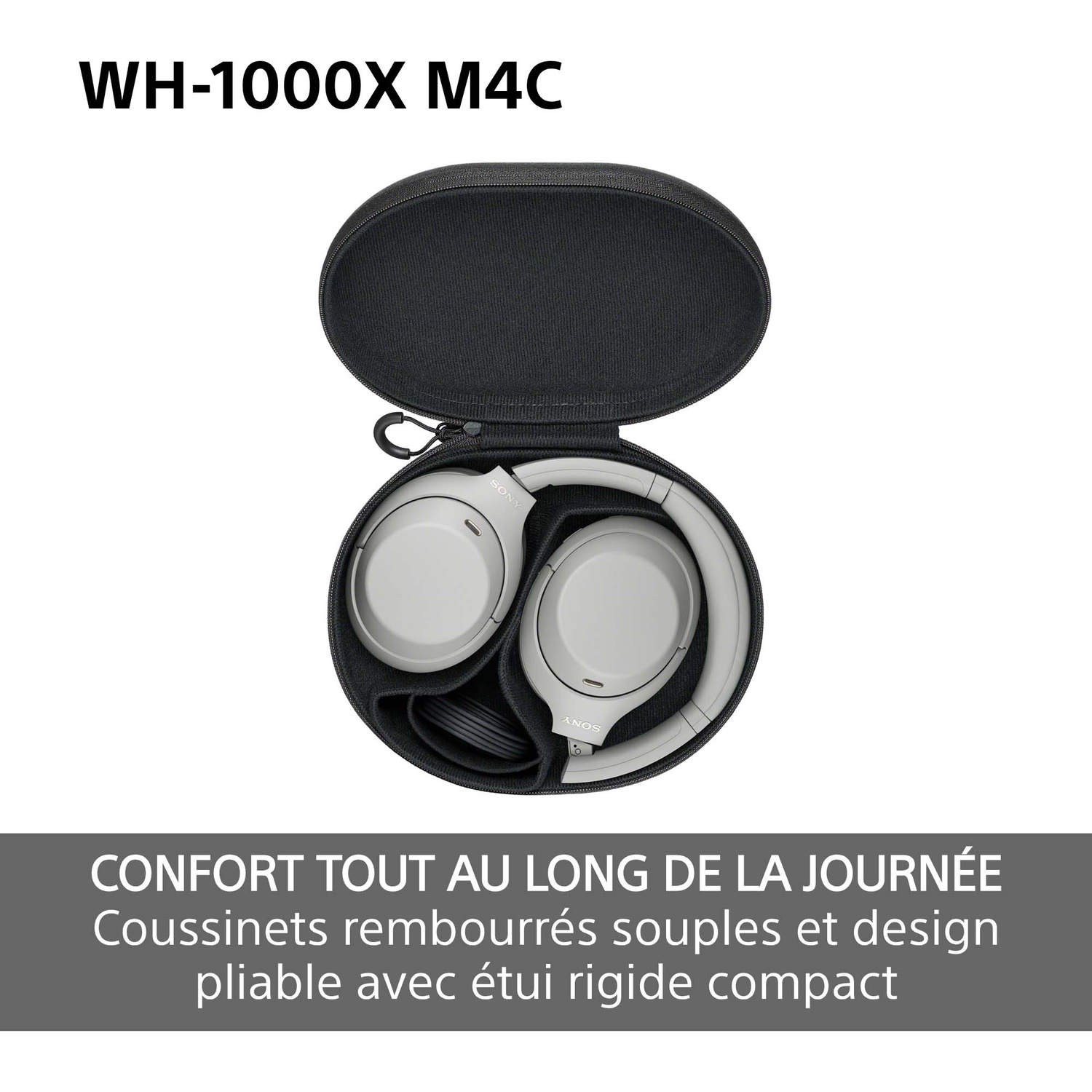 Casque gris Sony rangé soigneusement dans un étui rigide noir ouvert, avec le nom du modèle en haut.
