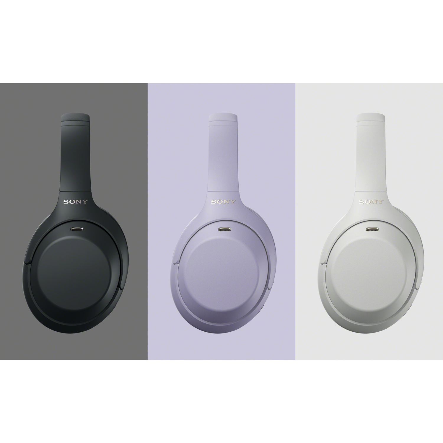 Trois casques Sony en noir, lila et blanc, affichés verticalement sur des fonds pastel assortis.