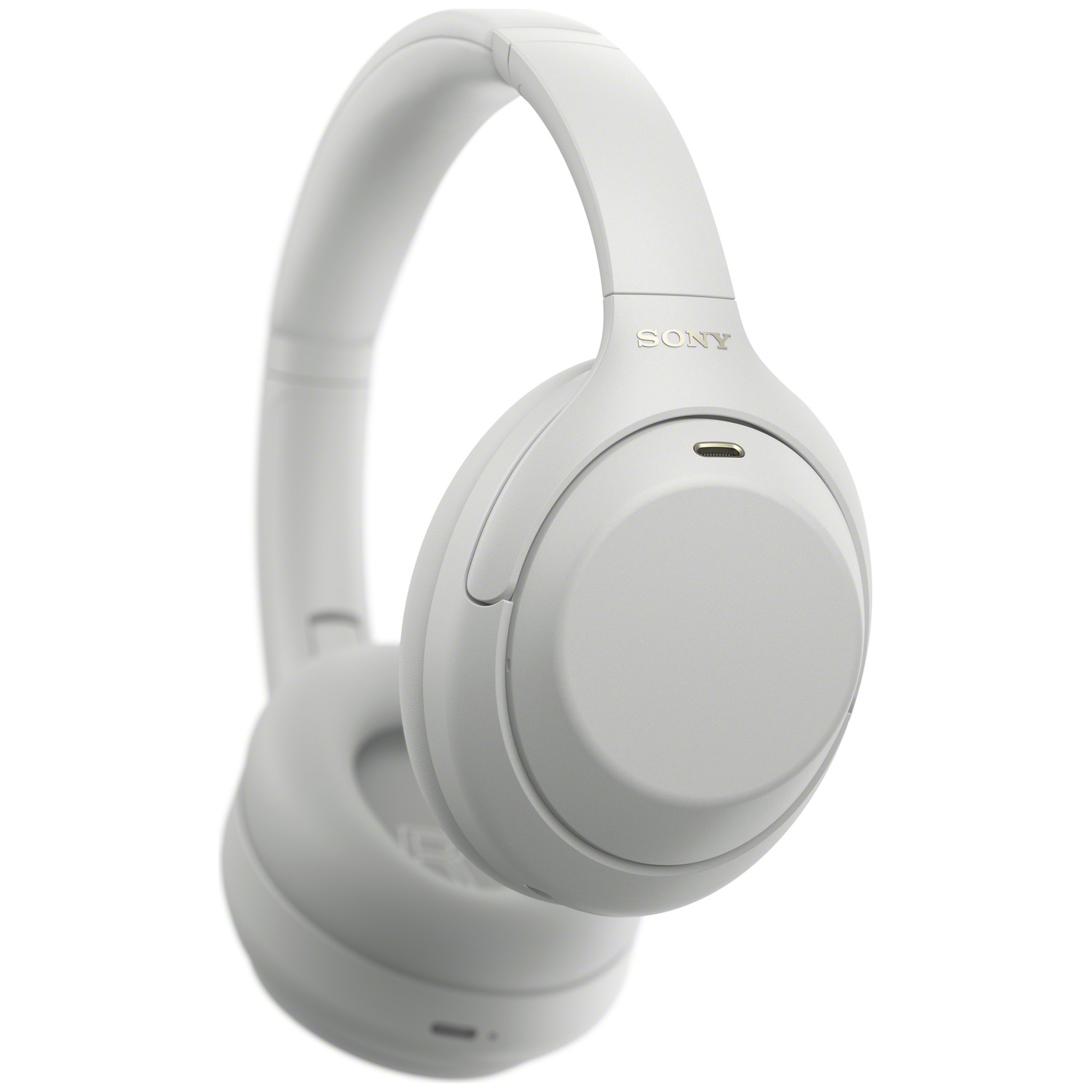 Casque supra-auriculaire Sony blanc avec microphone sur fond blanc.