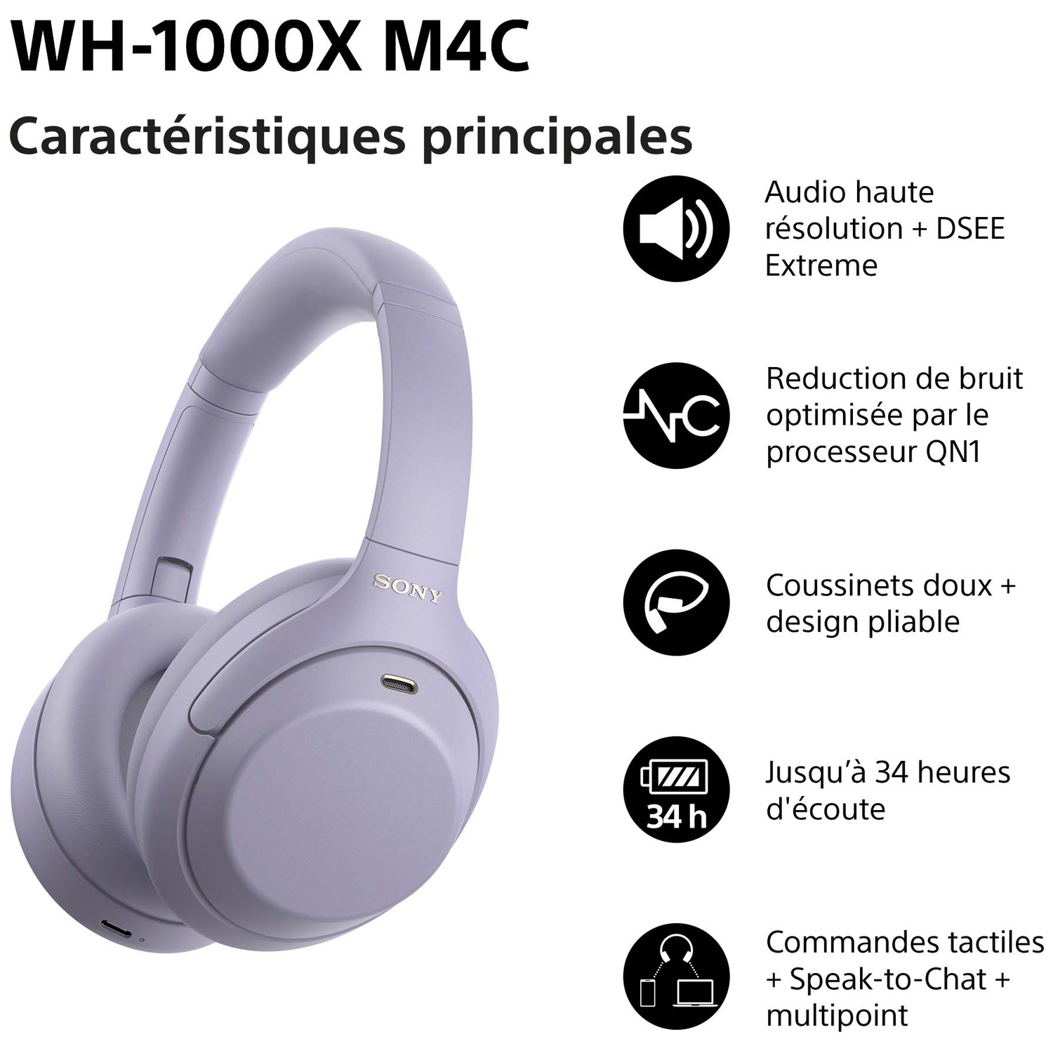 Casque Sony WH-1000XM4 violet avec caractéristiques principales et icônes sur fond blanc.