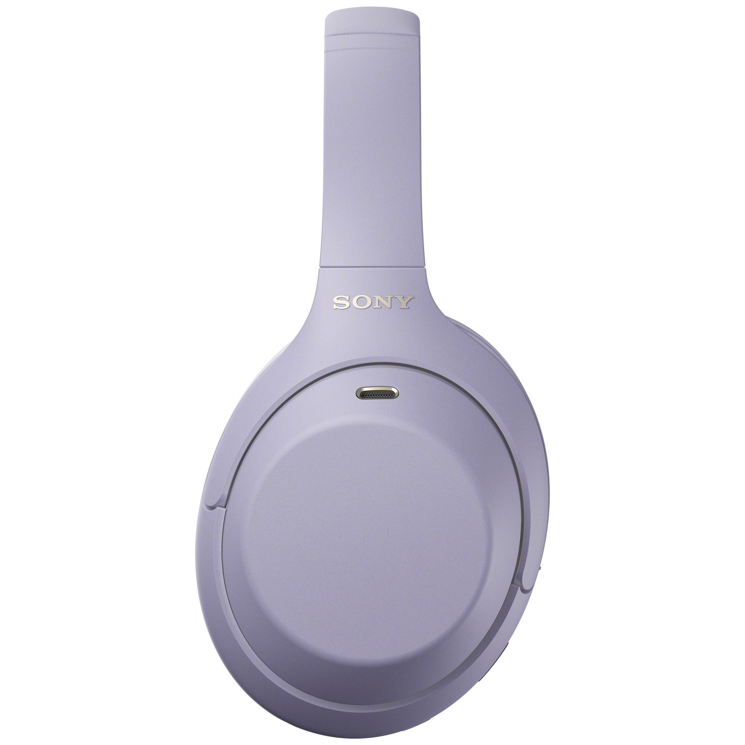 Casque supra-auriculaire Sony violet sur fond blanc, doté d'un port USB-C bien visible.
