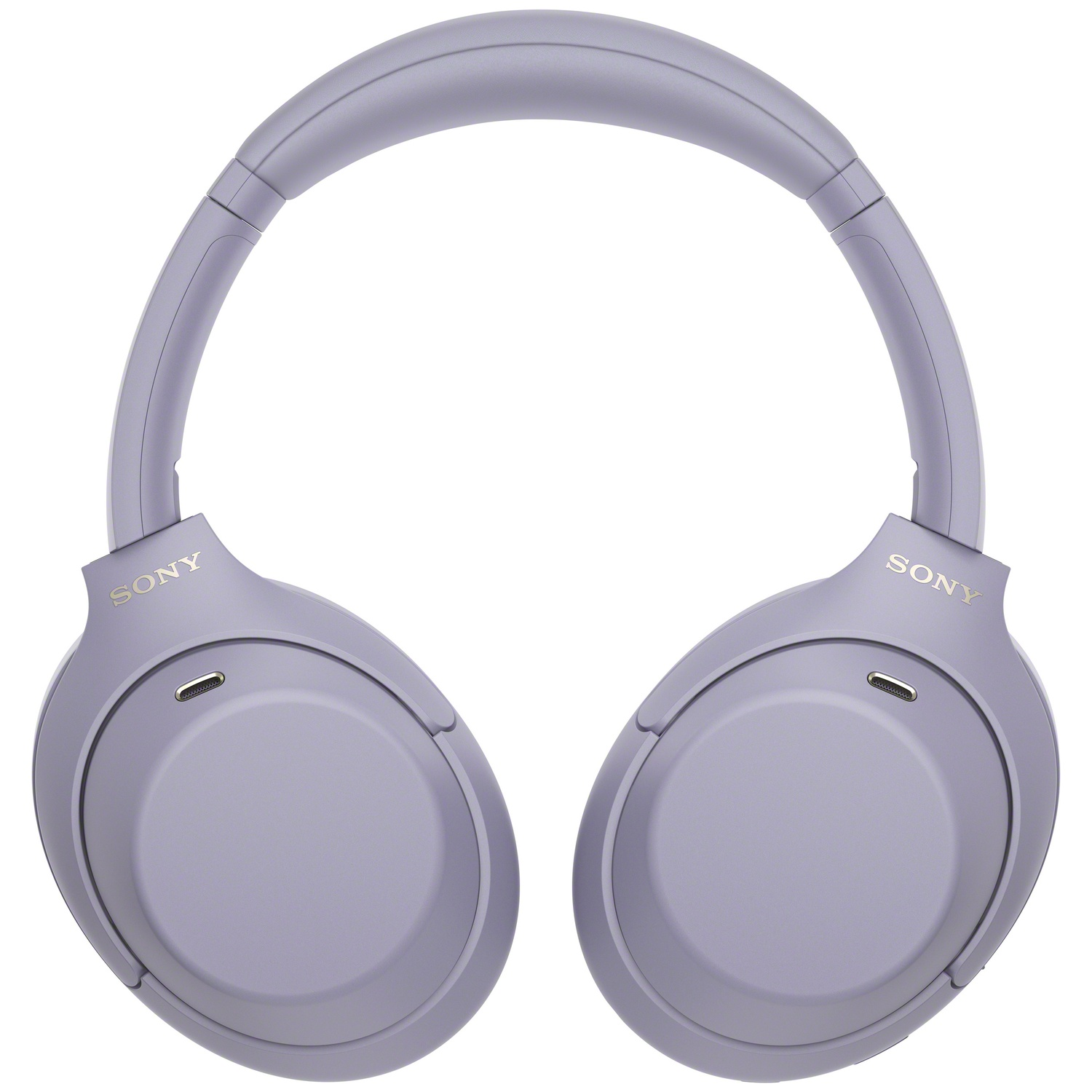 Casque supra-auriculaire Sony violet avec fentes de microphone et logo Sony doré sur fond blanc.