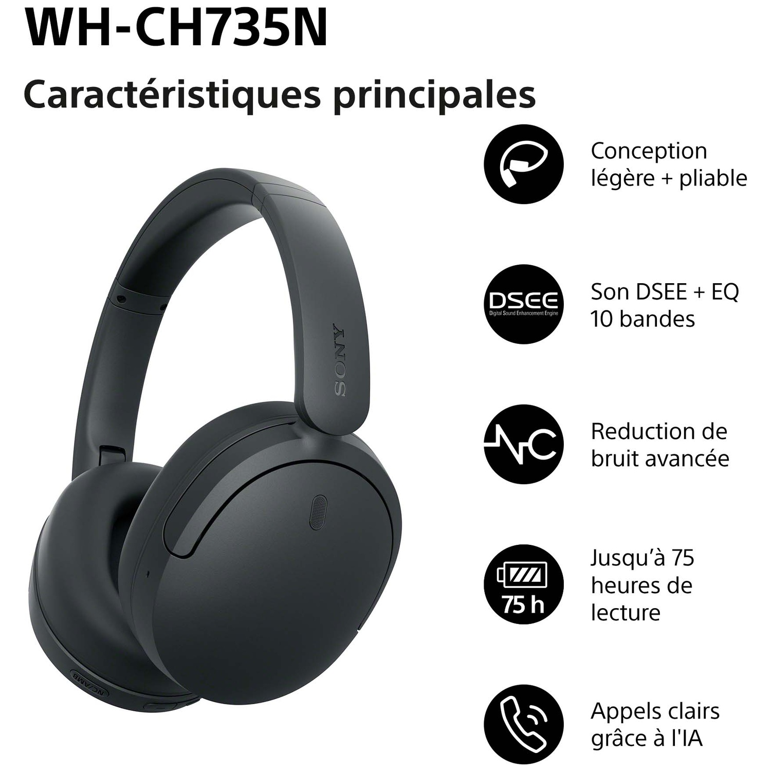 Casque noir Sony WH-CH735N présentant des caractéristiques clés comme une longue autonomie.