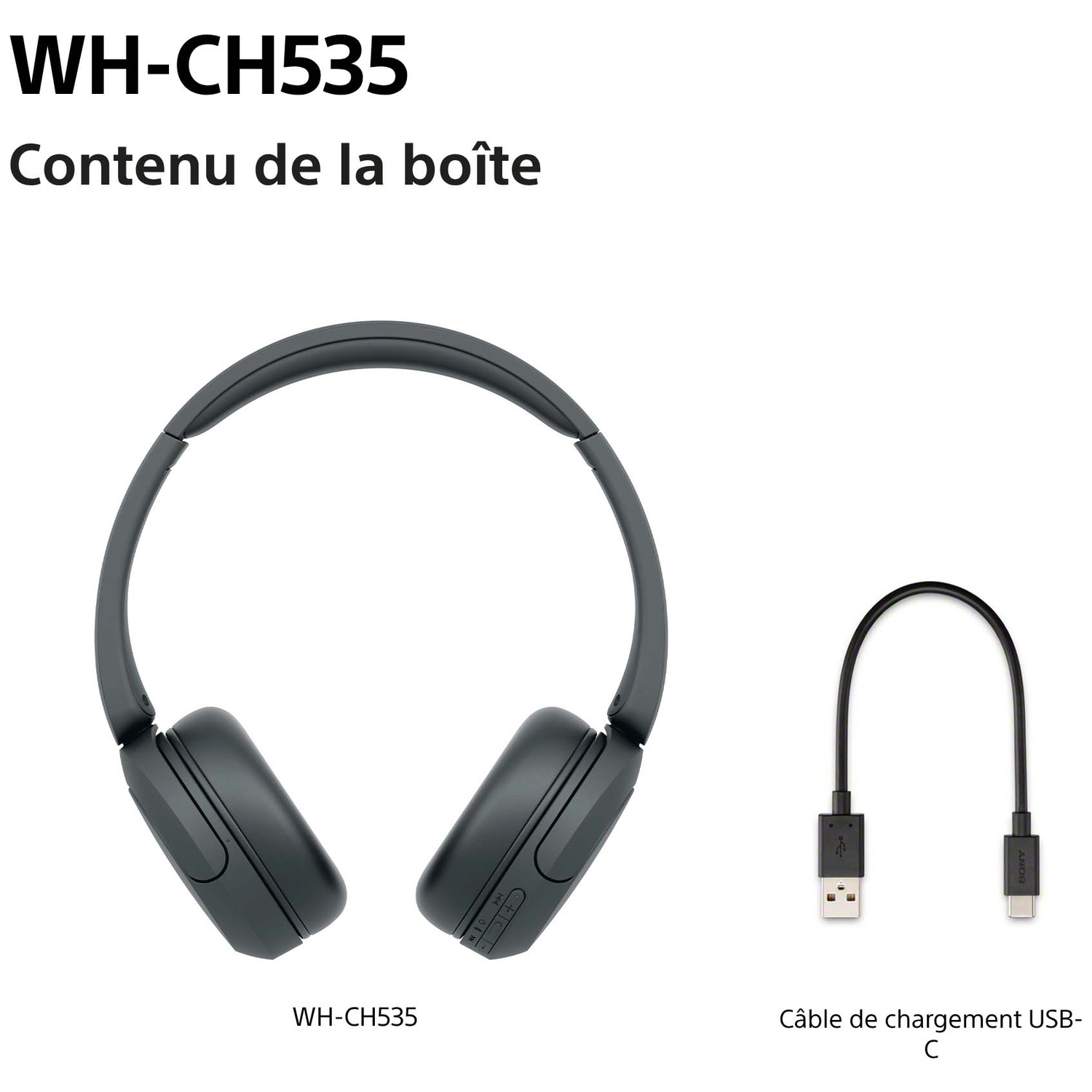 Casque WH-CH535 gris foncé et câble de chargement USB-C noir sur fond blanc.