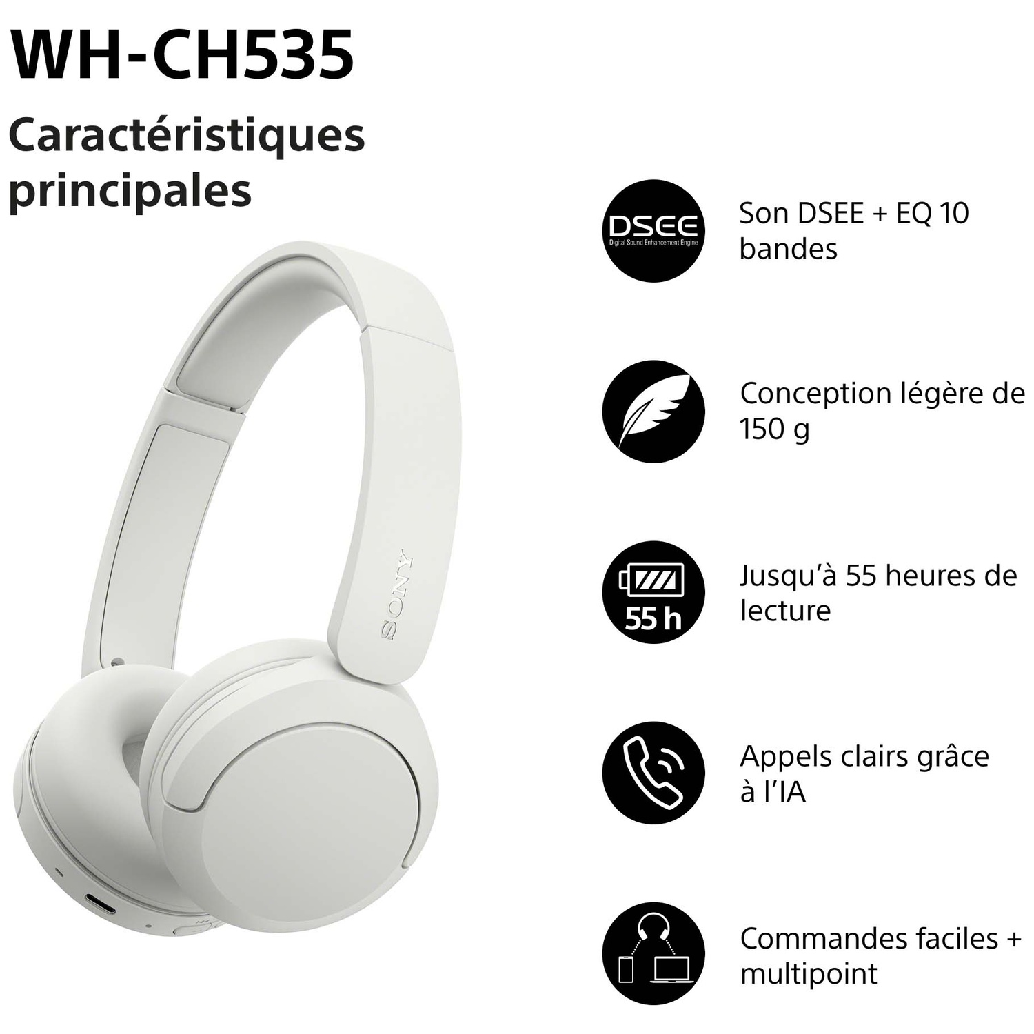 Casque blanc Sony WH-CH535 avec icônes de fonctionnalités comme DSEE, poids de 150g et batterie de 55h.