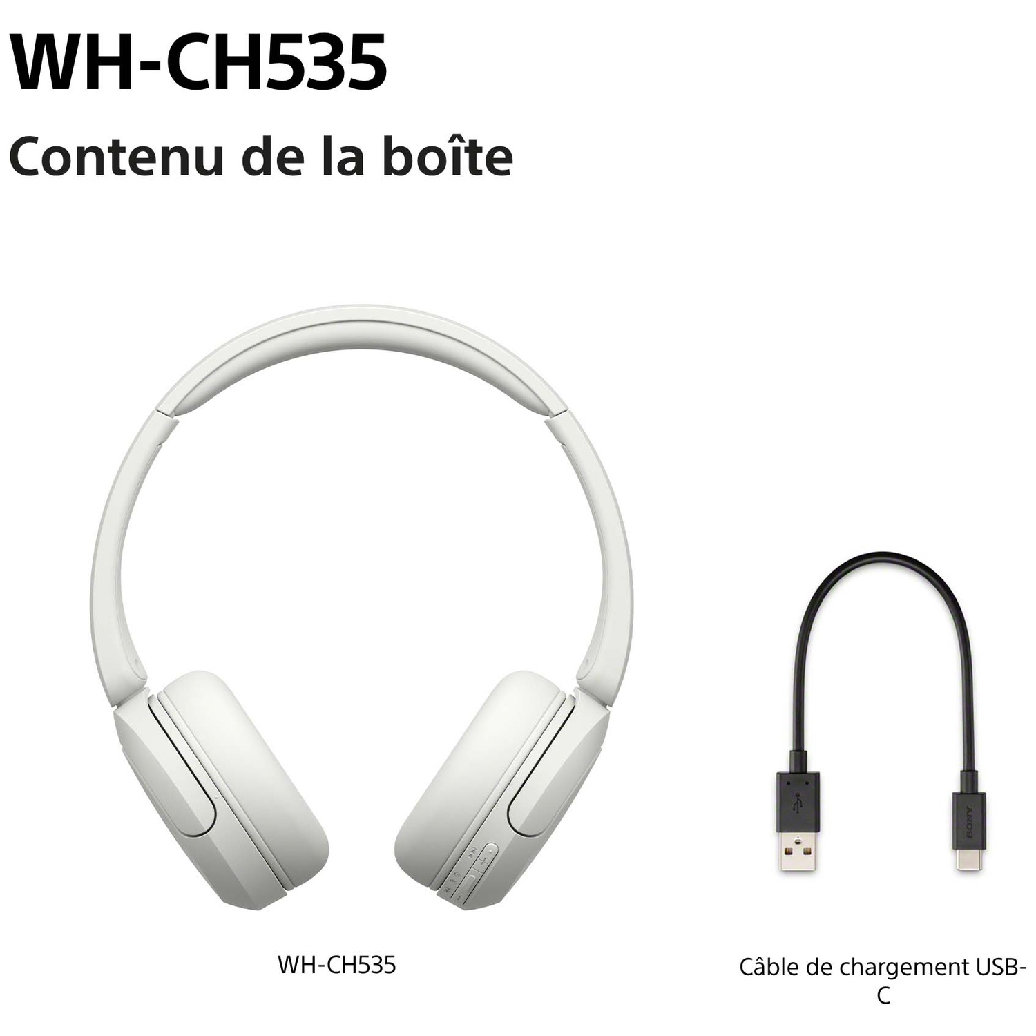 Casque blanc WH-CH535 et câble de charge USB-C noir sur fond blanc.