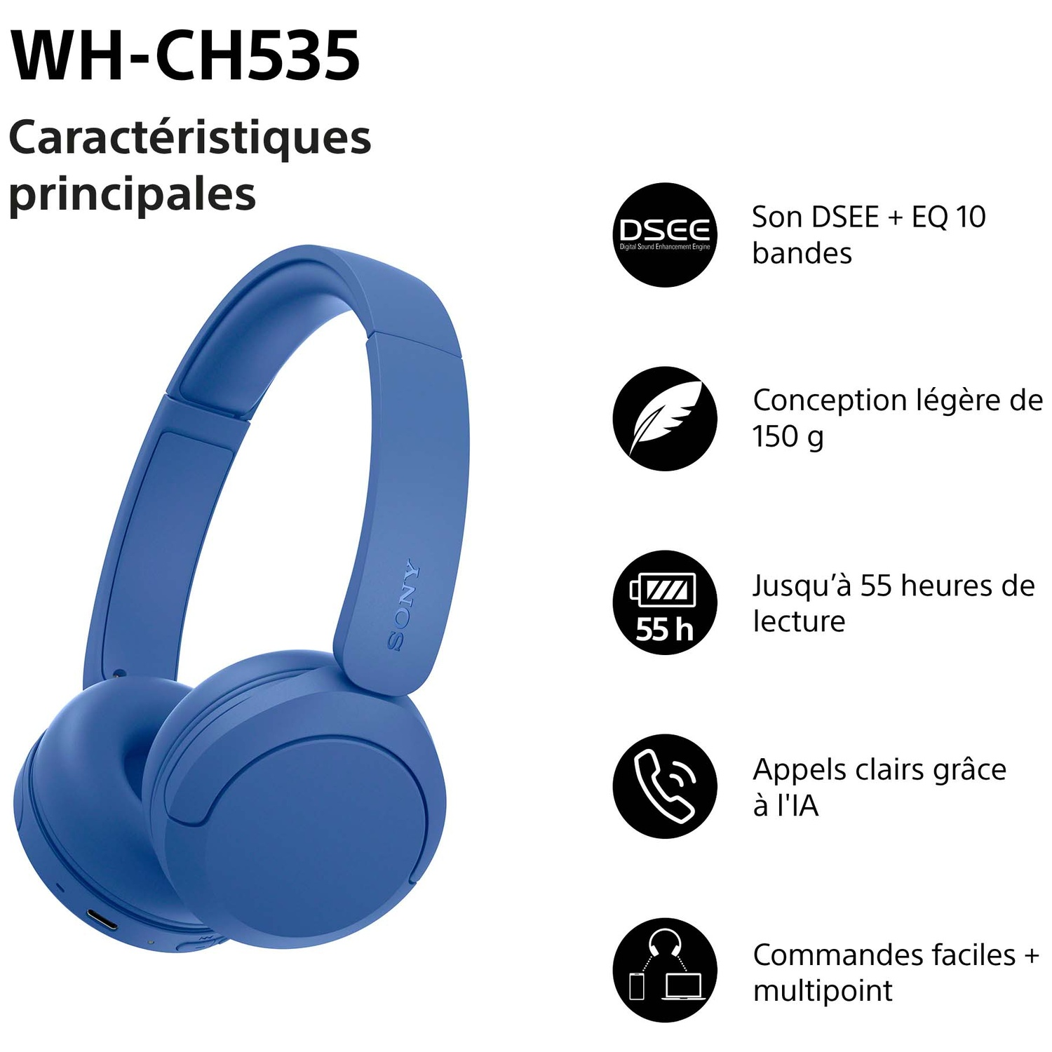 Casque bleu Sony WH-CH535 avec caractéristiques du produit.
