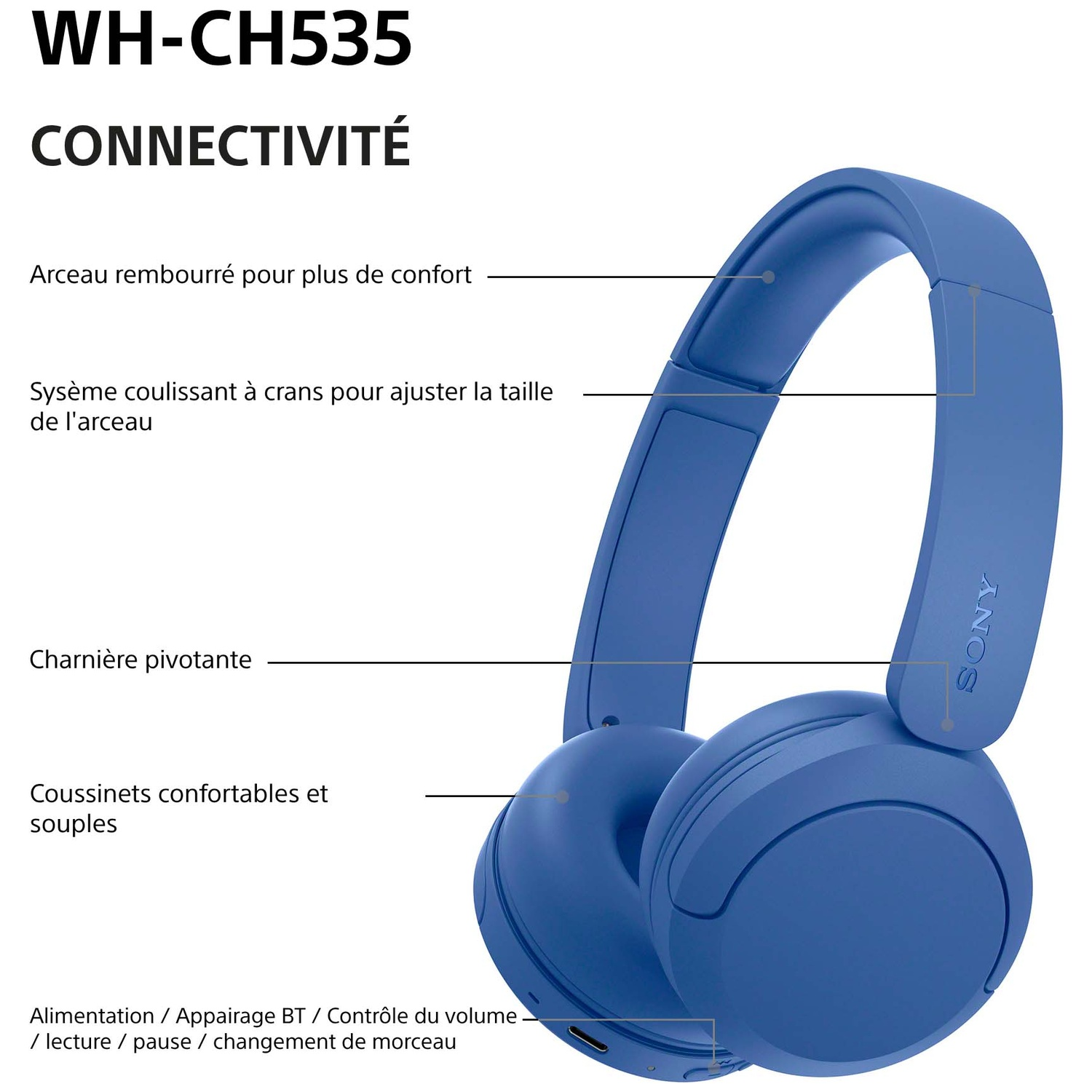 Casque Sony bleu avec arceau rembourré et charnières pivotantes sur fond clair.