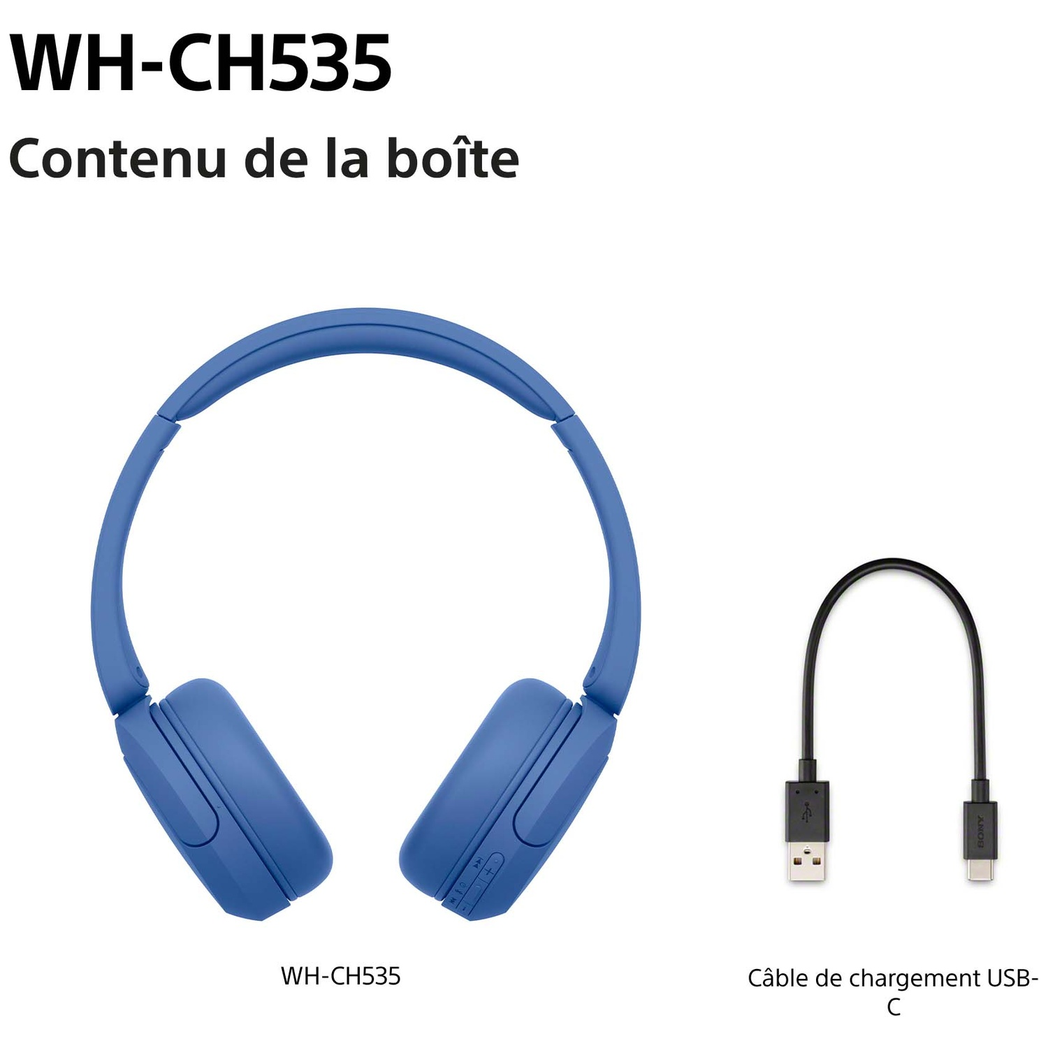 Casque bleu WH-CH535 et câble de charge USB-C sur fond blanc.