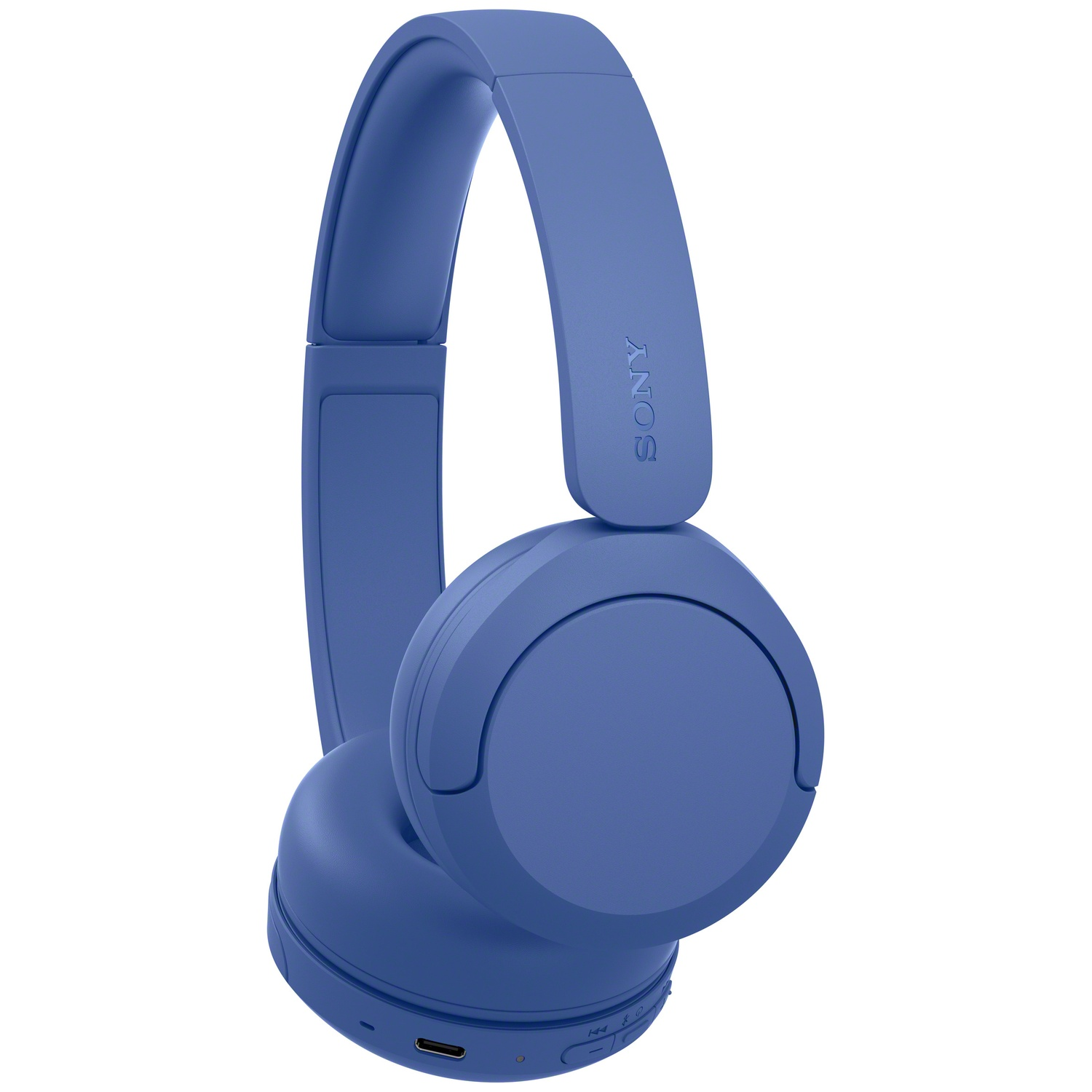 Casque sans fil Sony bleu avec port de charge sur fond blanc.