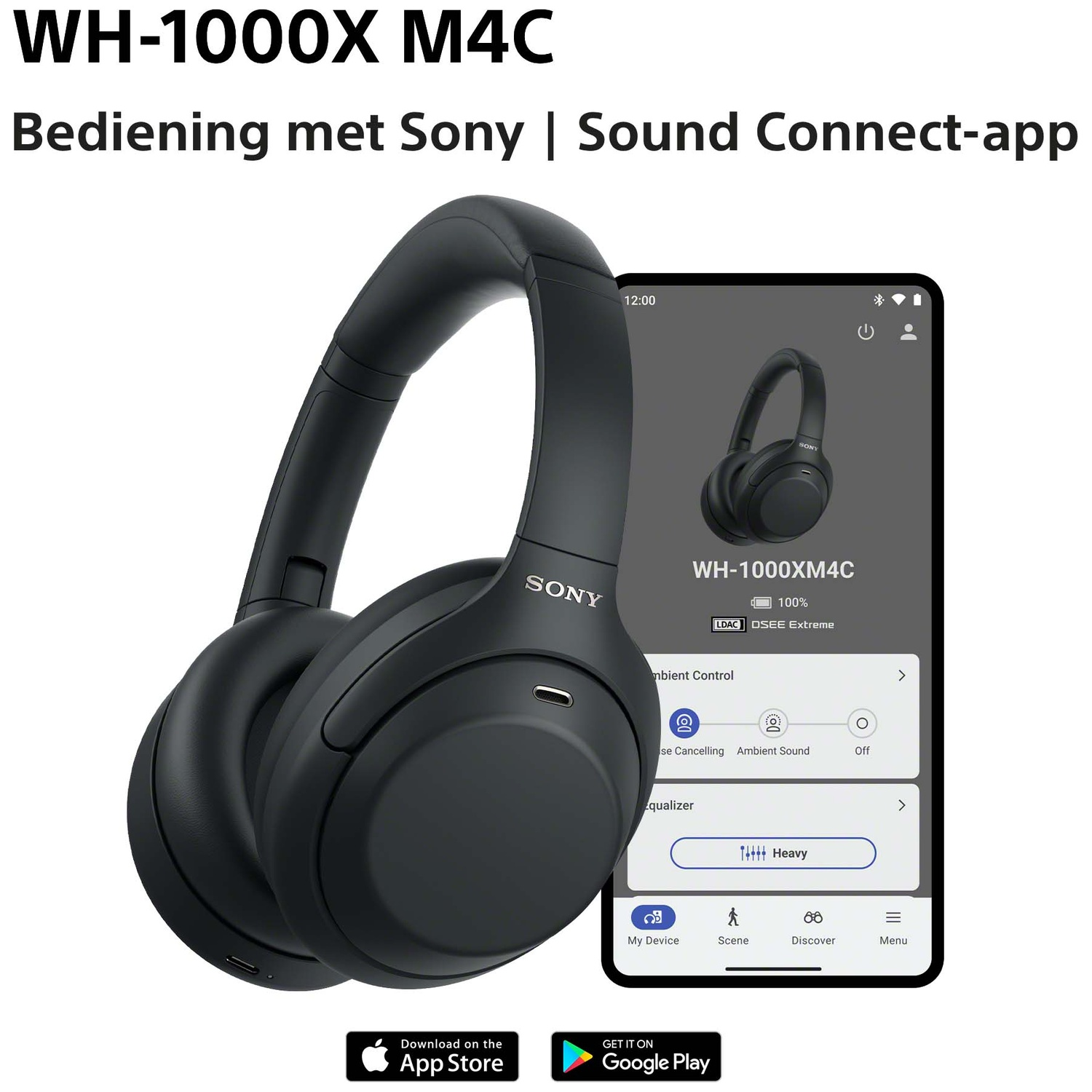 Zwarte Sony WH-1000XM4C hoofdtelefoon naast een smartphone met de Sound Connect-app.