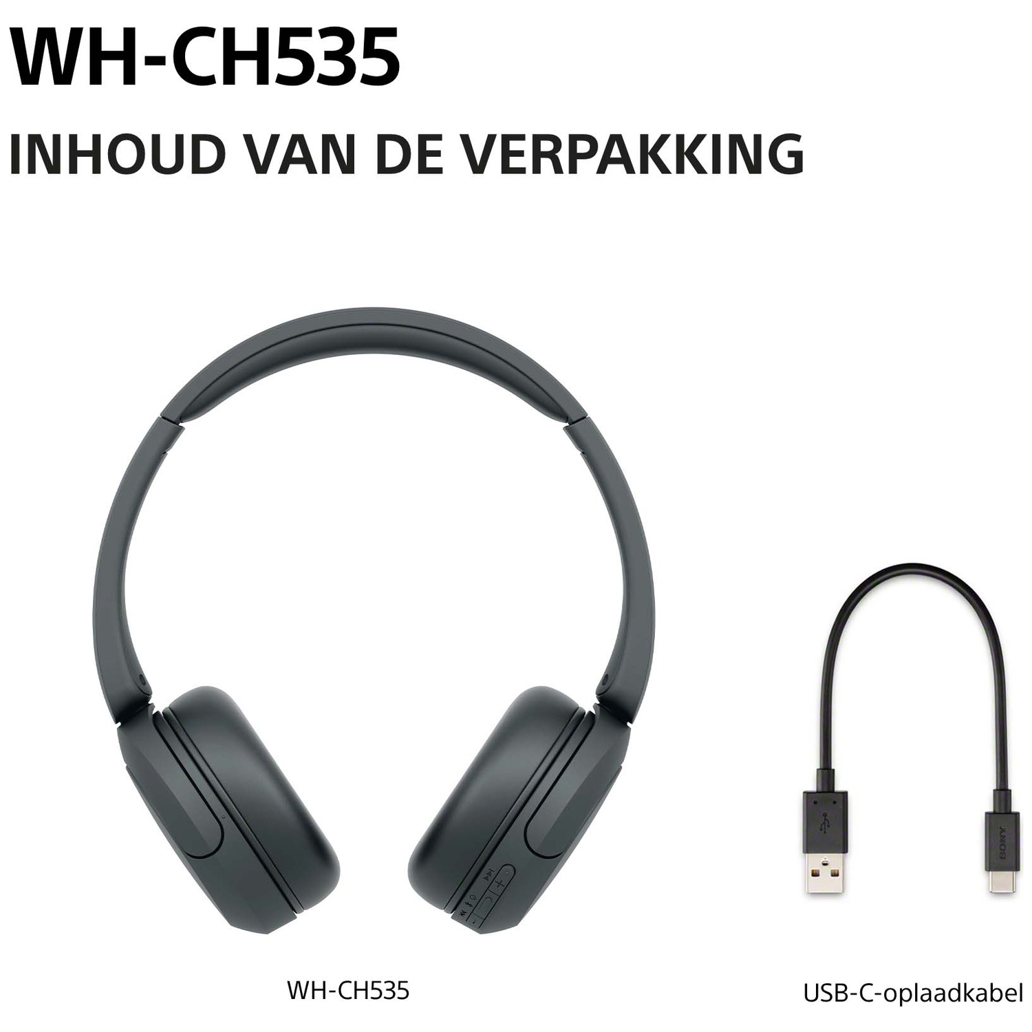 WH-CH535 grijze on-ear koptelefoon met een USB-C oplaadkabel.