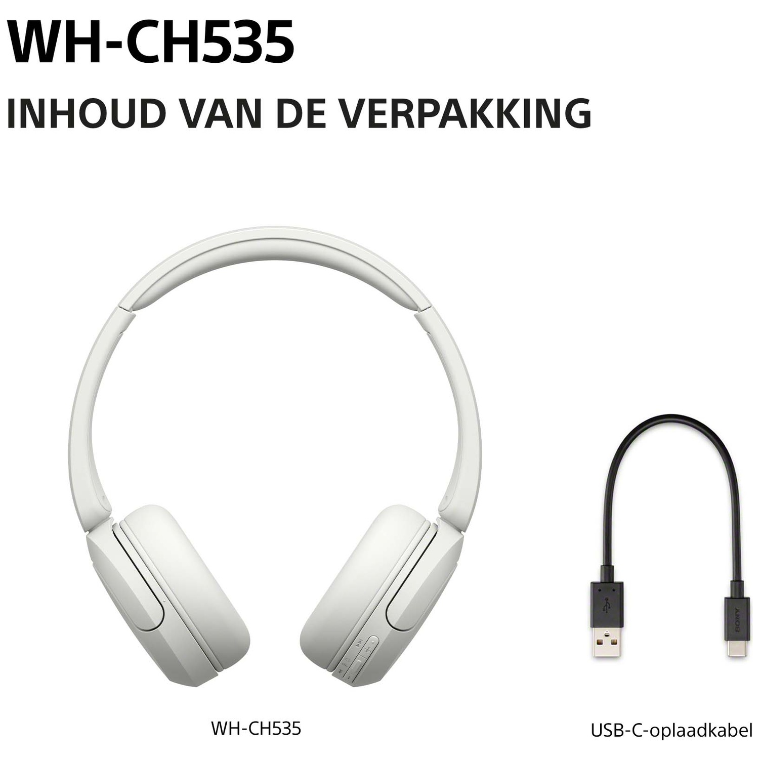 Witte WH-CH535 koptelefoon en zwarte USB-C oplaadkabel op een witte achtergrond met tekst.