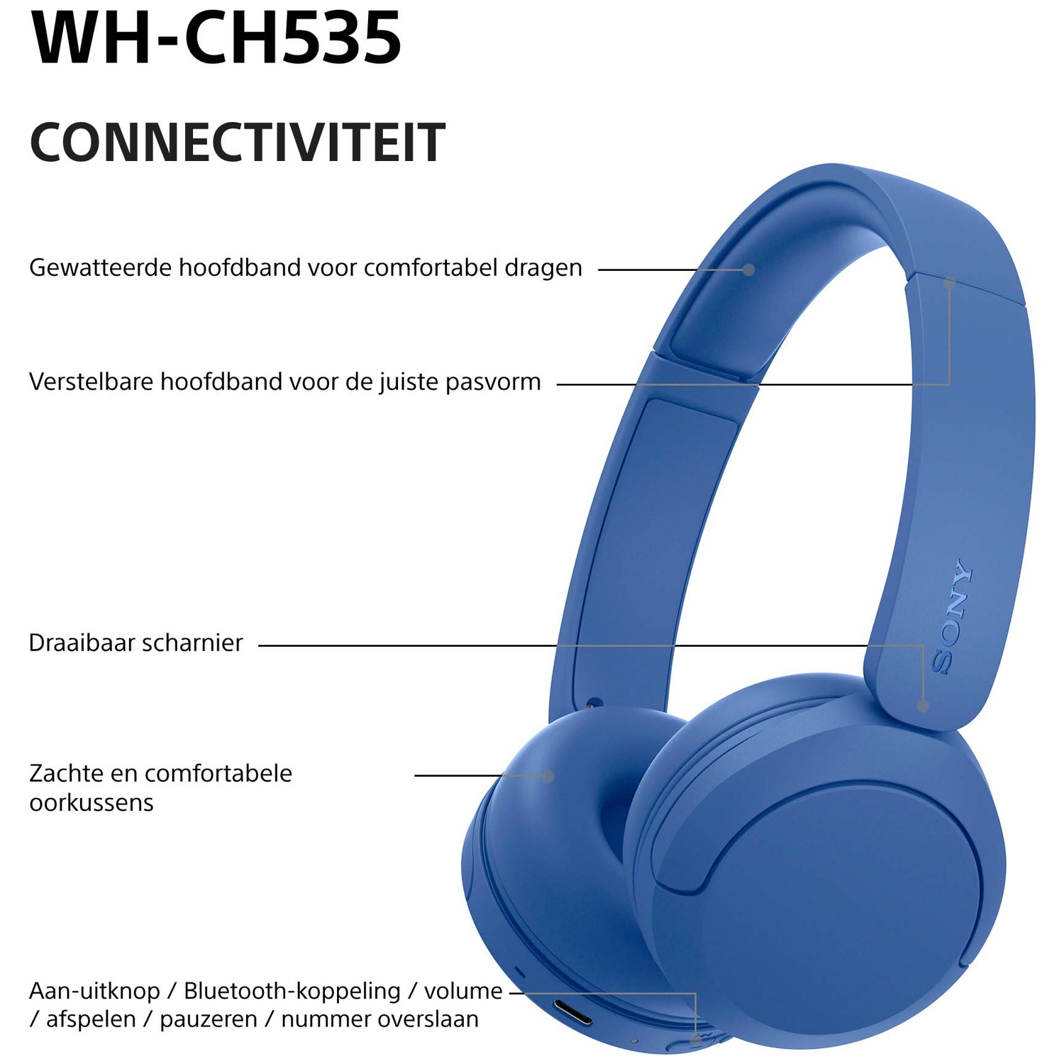 Blauwe Sony-koptelefoon met uitleg over comfort, scharnieren en knoppen.