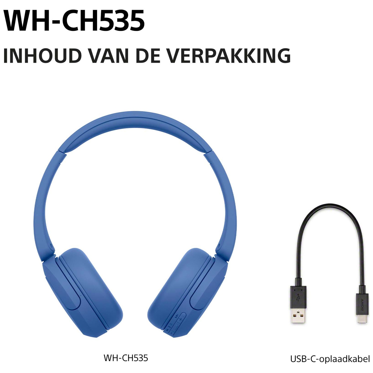 Blauwe WH-CH535 koptelefoon en een USB-C oplaadkabel op witte achtergrond.