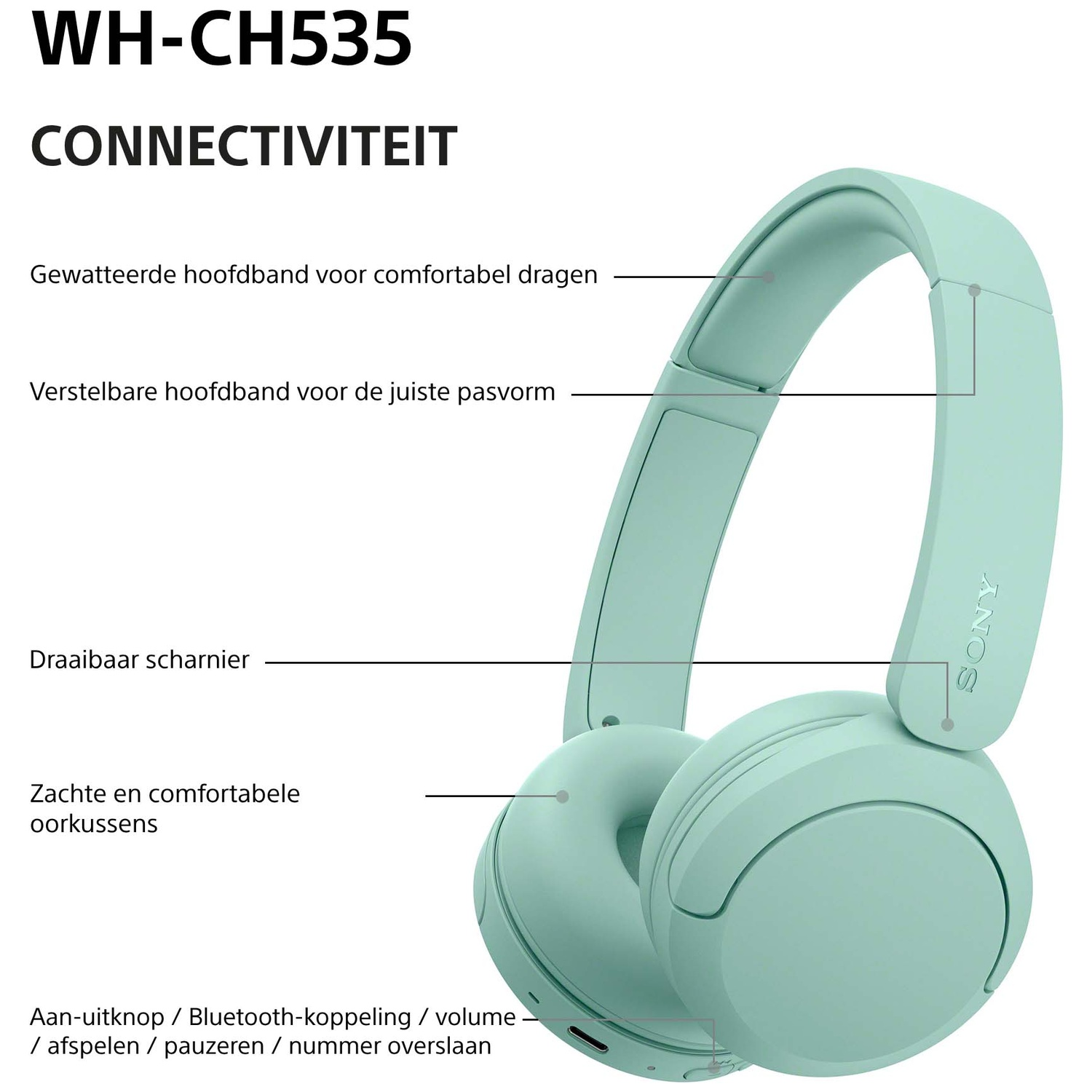 Lichtgroene Sony koptelefoon met gelabelde functies voor comfort en bediening.