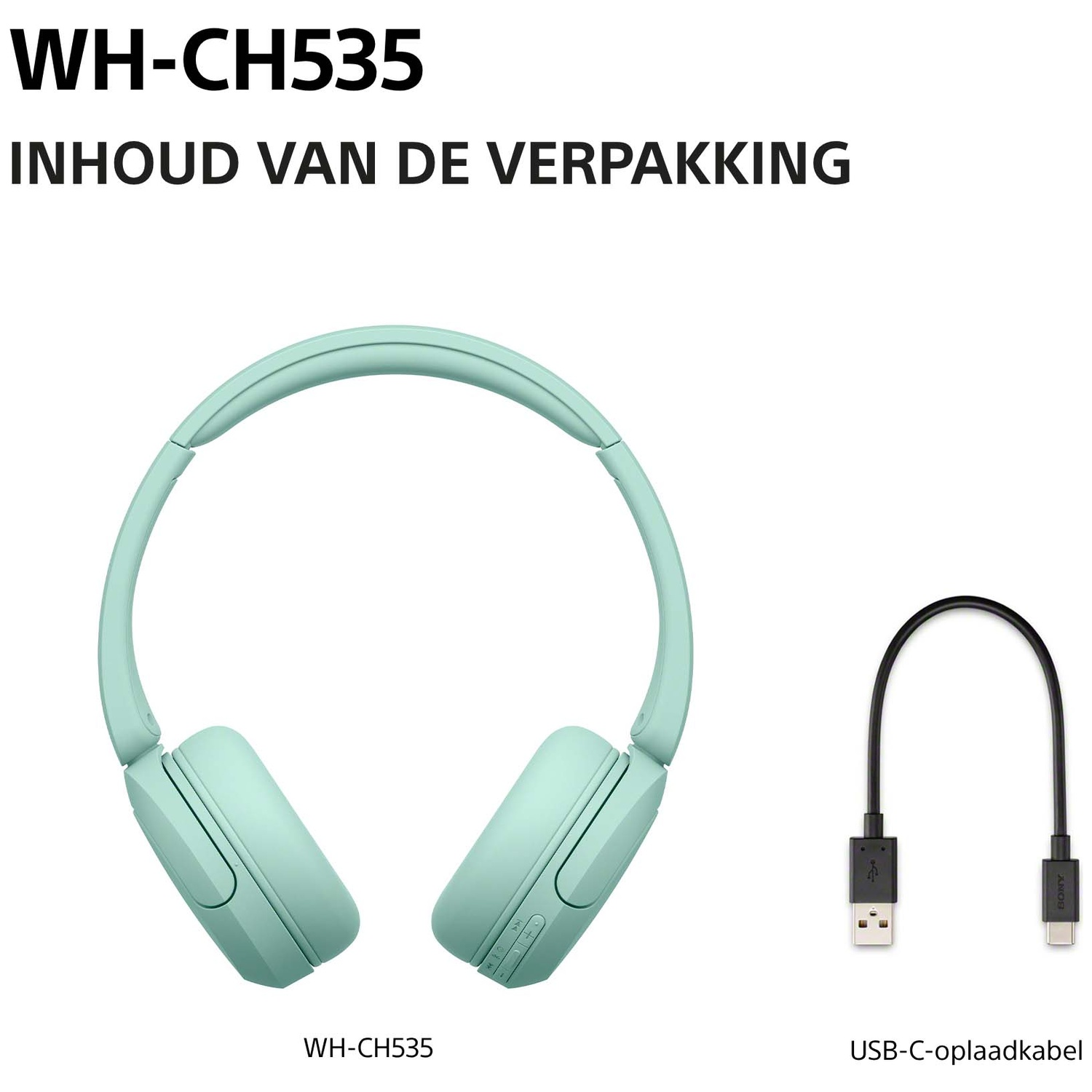 Lichtblauwe WH-CH535 draadloze koptelefoon en een zwarte USB-C oplaadkabel op witte achtergrond.