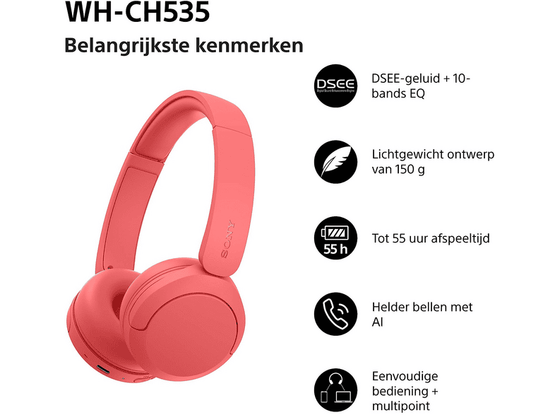 Sony WH-CH535 On-Ear Draadloze Hoofdtelefoon Rood