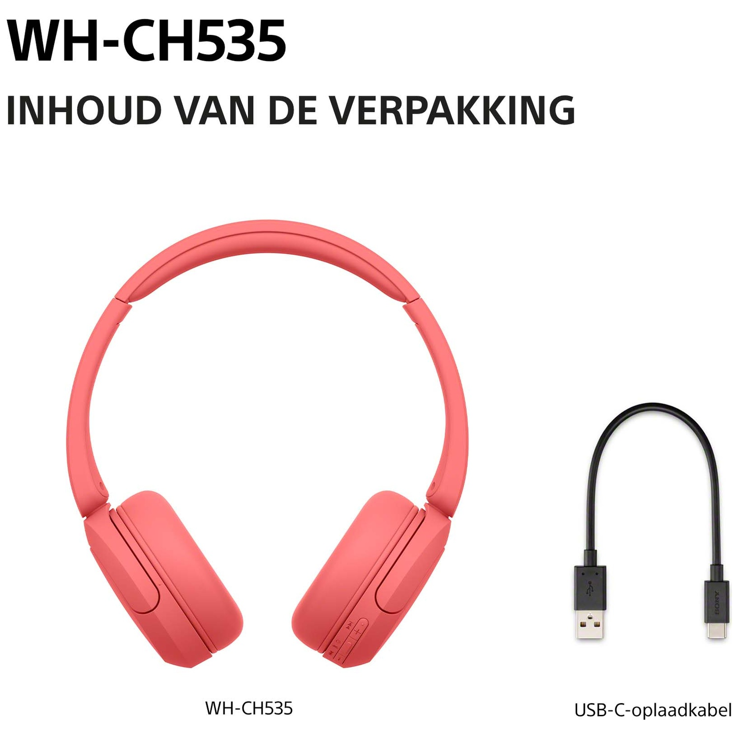 Roze draadloze koptelefoon en zwarte USB-C oplaadkabel op een witte achtergrond met tekst.