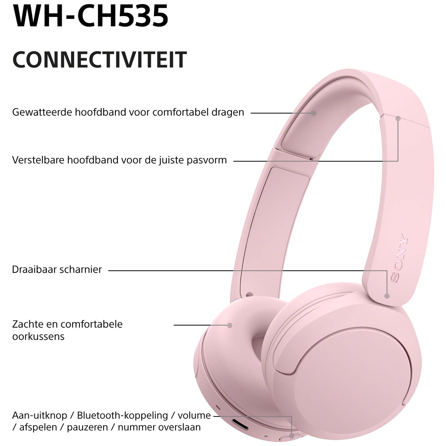 Roze Sony hoofdtelefoon met gewatteerde hoofdband, verstelbare maat, draaibare scharnieren en zachte oorkussens.