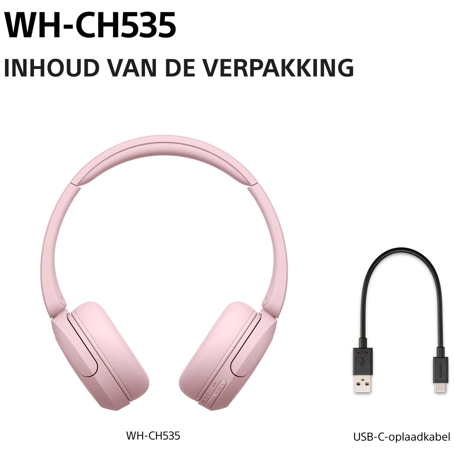 Roze draadloze koptelefoon en een zwarte USB-C oplaadkabel op witte achtergrond met producttekst.