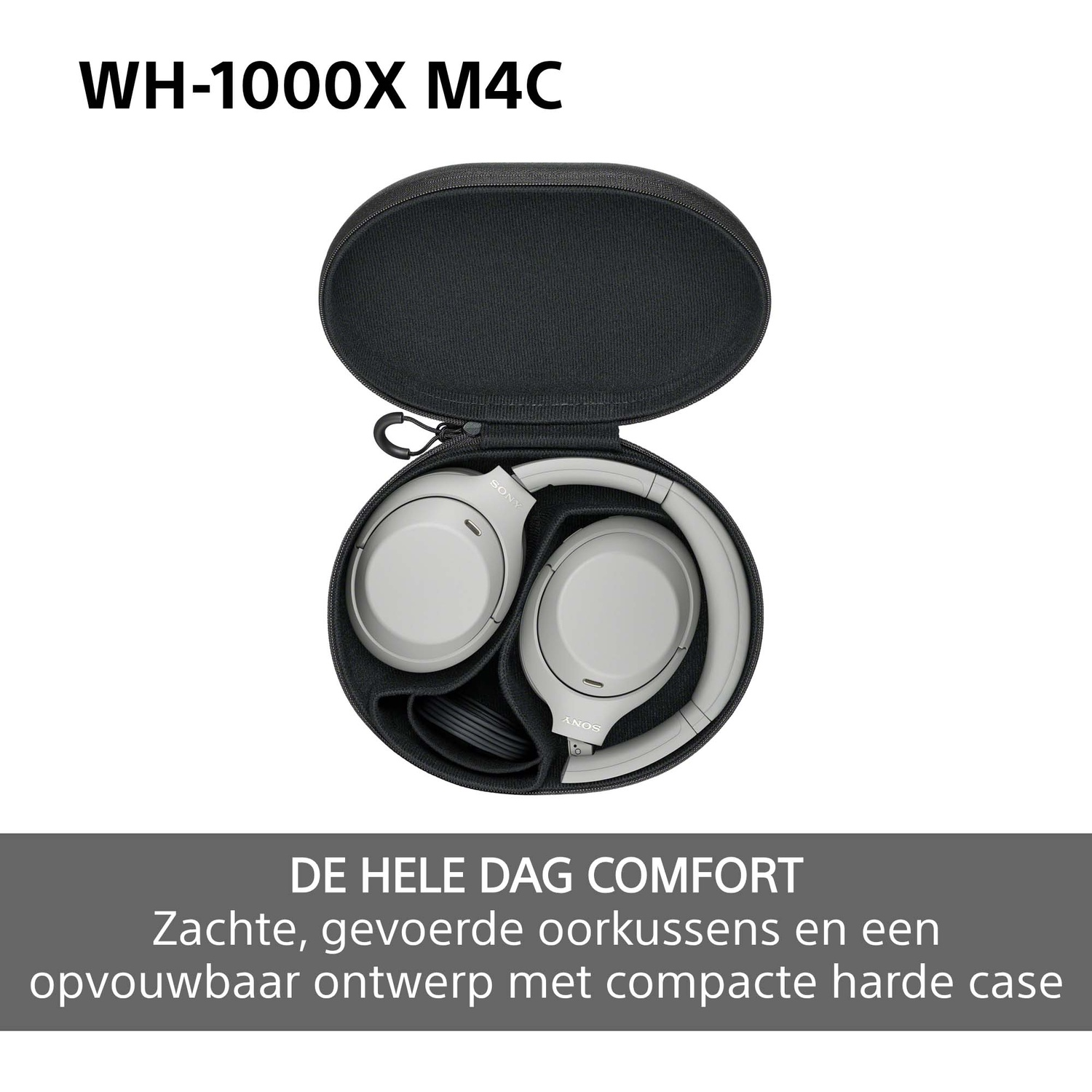 Grijze Sony koptelefoon netjes opgevouwen in een open zwarte harde opbergcase.