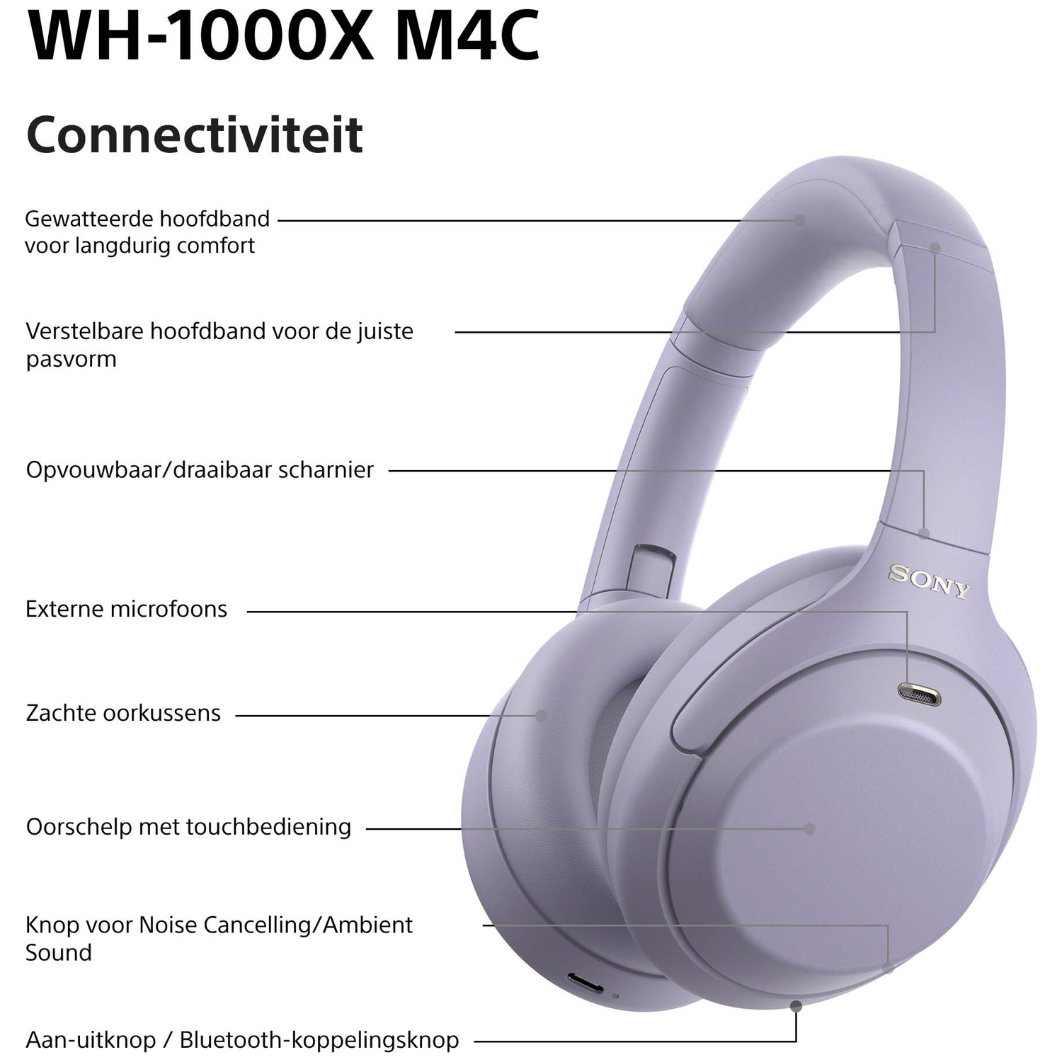 Paarse Sony WH-1000X M4C koptelefoon met verklarende labels in het Nederlands.