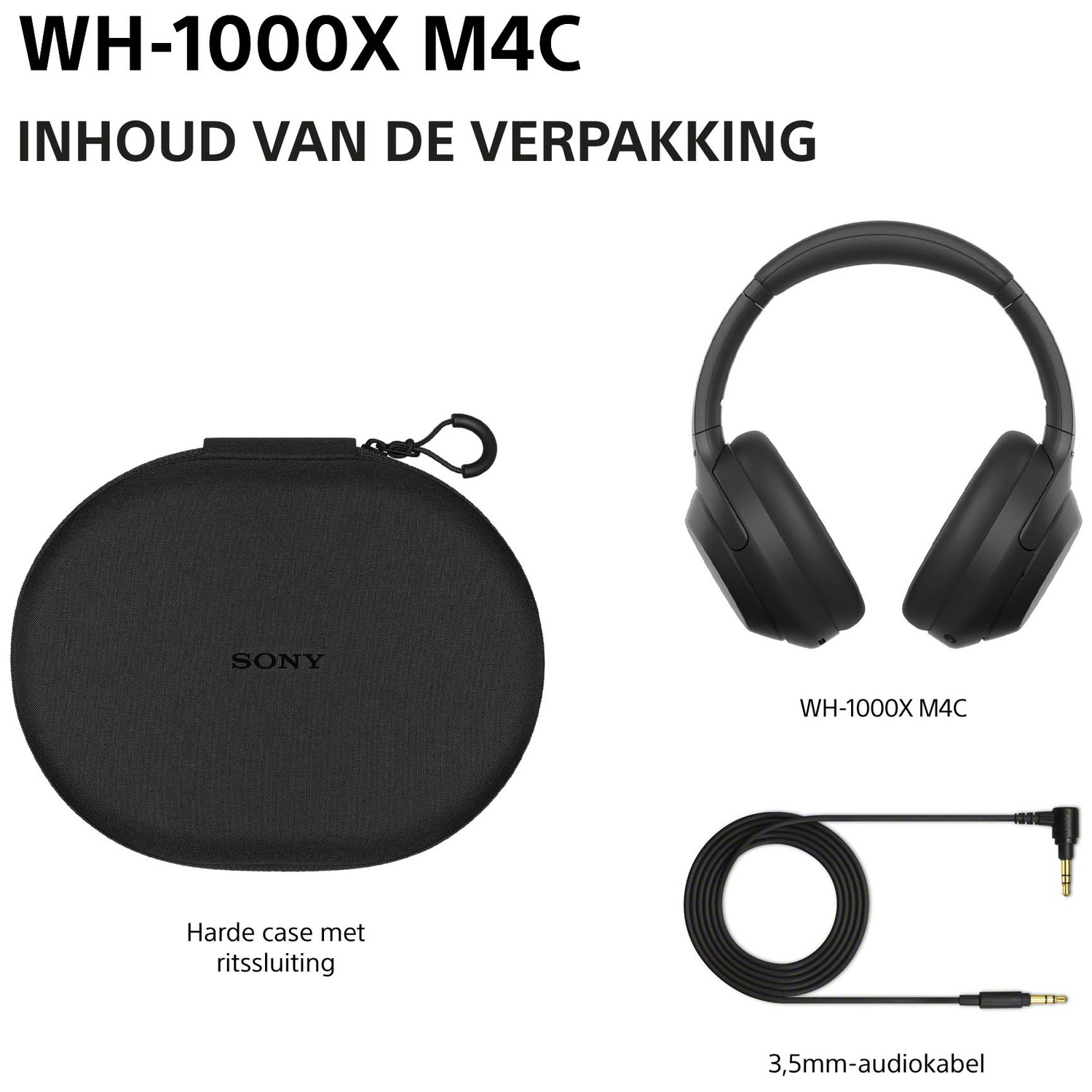 Sony WH-1000XM4C hoofdtelefoon met hard case en 3,5mm audiokabel.