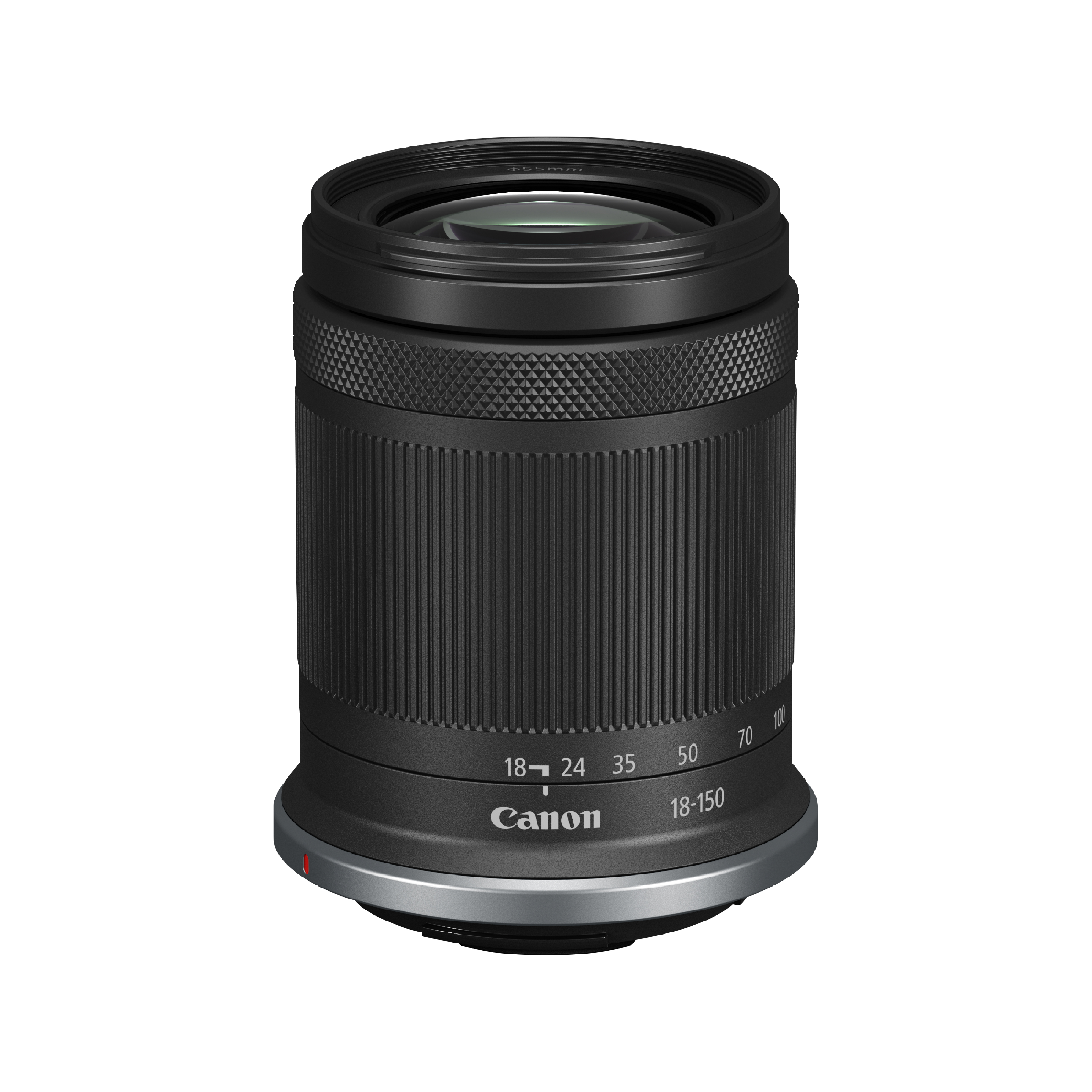 Beyaz arka planda siyah bir Canon 18-150mm kamera lensi.