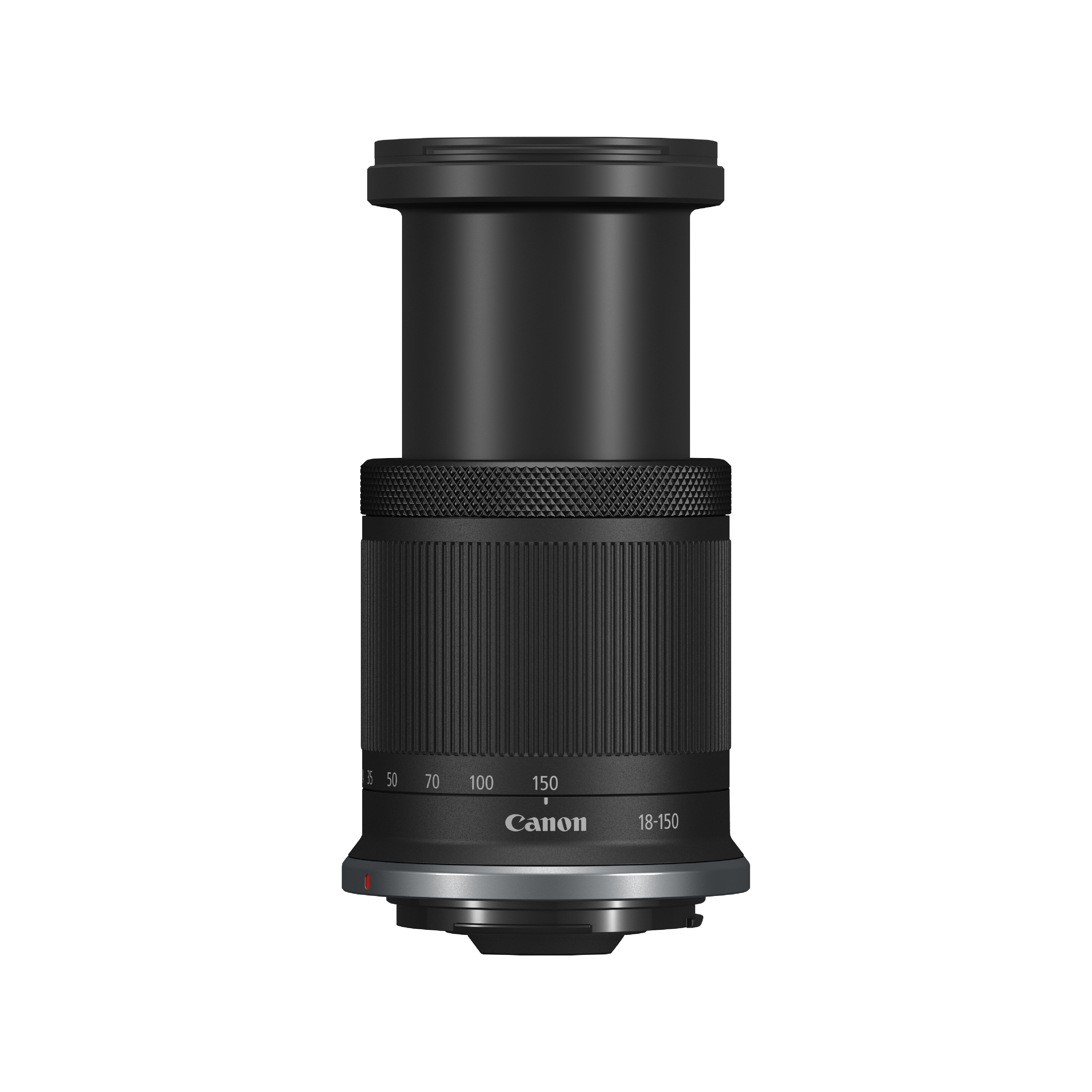 Beyaz arka planda siyah Canon 18-150 mm kamera lensi.
