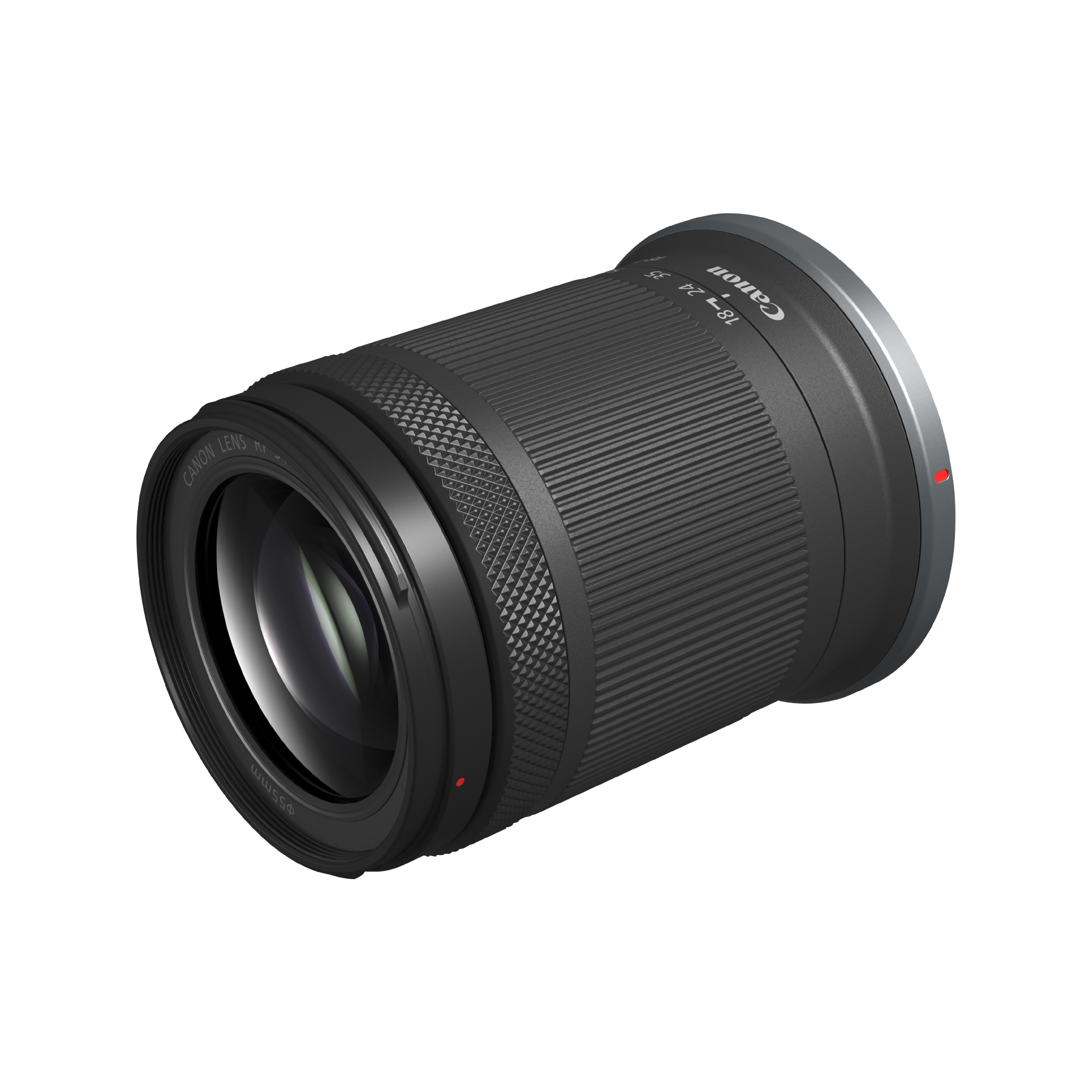 Beyaz arka planda dokulu tutma halkalarına sahip siyah Canon kamera lensi.