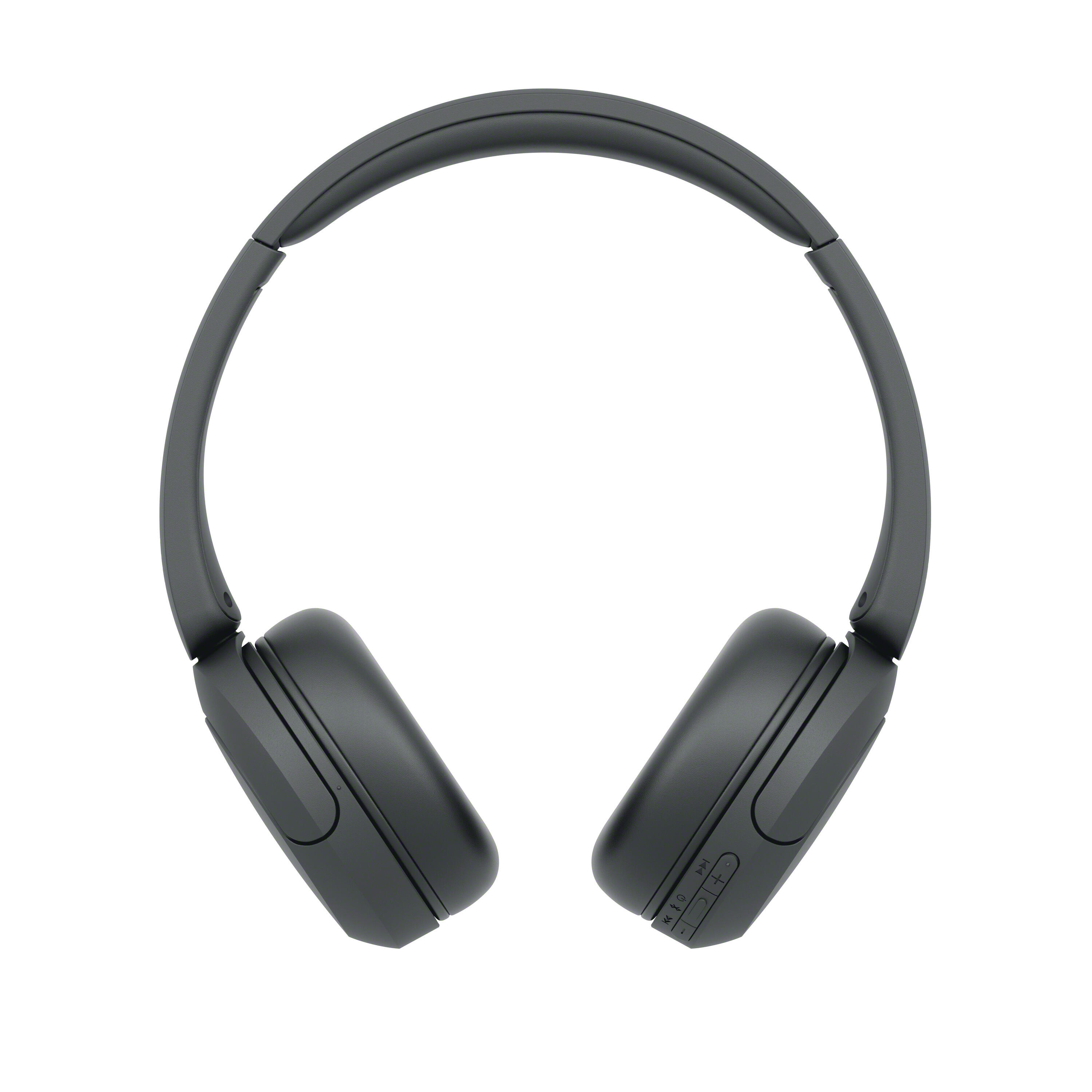 Auriculares Bluetooth negros supraaurales con botones de control en la copa derecha sobre fondo blanco.