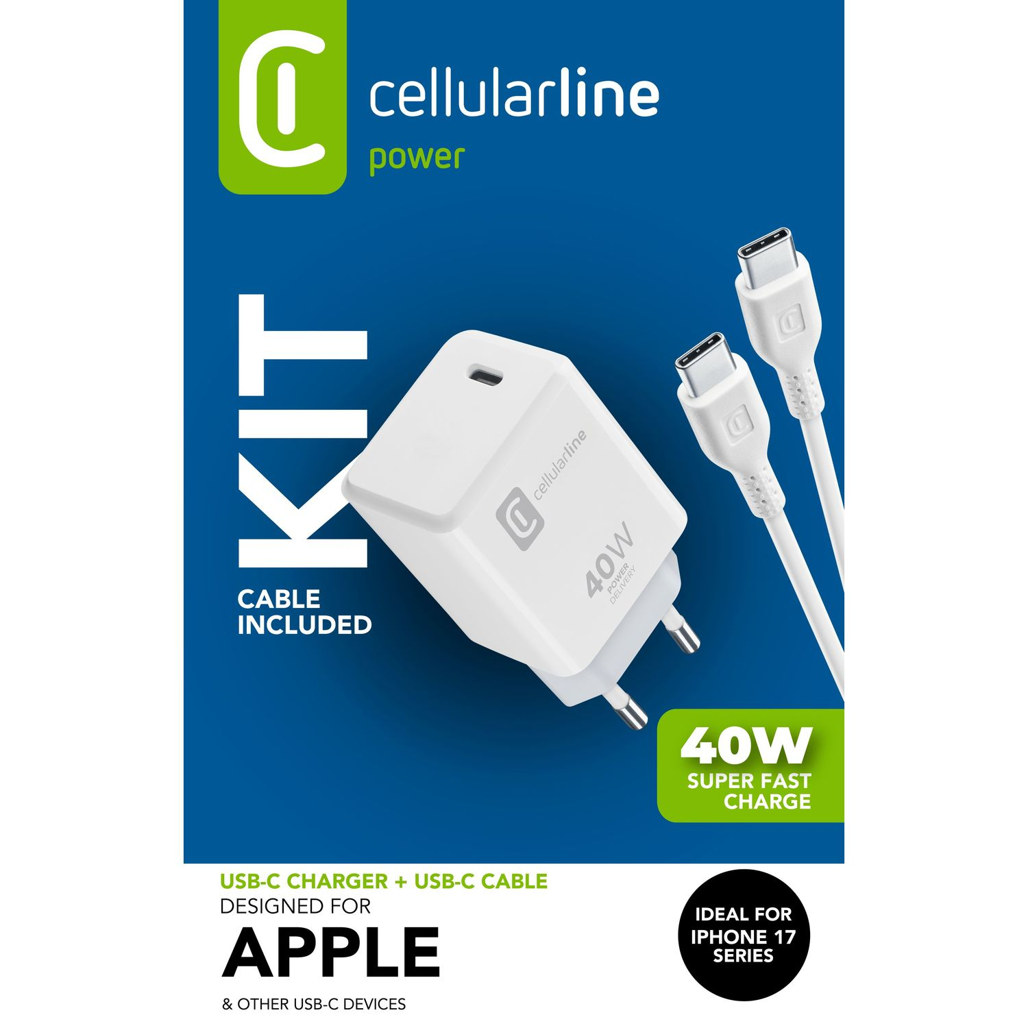Cargador USB-C Cellularline de 40W con cable sobre fondo azul con texto blanco.