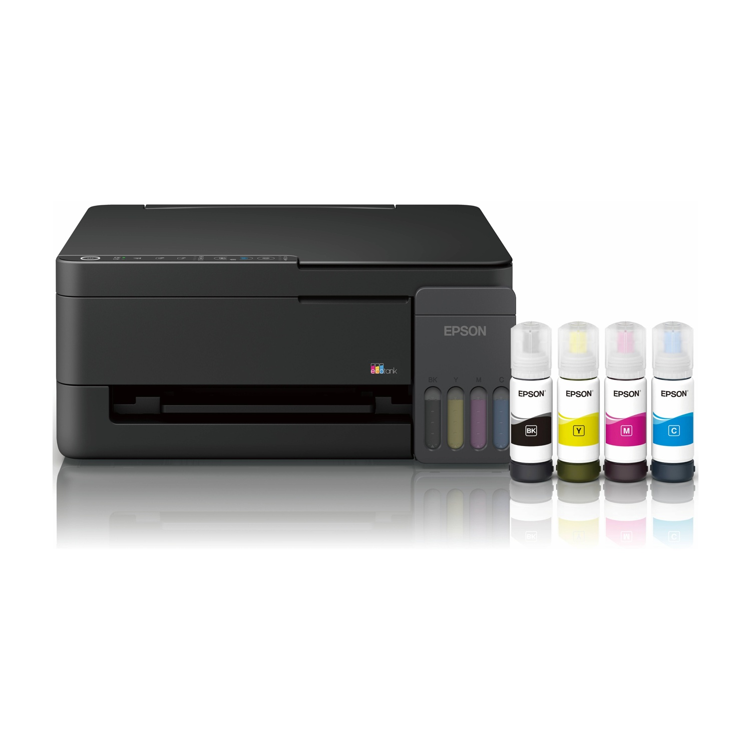 Una stampante nera Epson EcoTank con quattro flaconi di inchiostro nero, giallo, magenta e ciano su sfondo bianco.