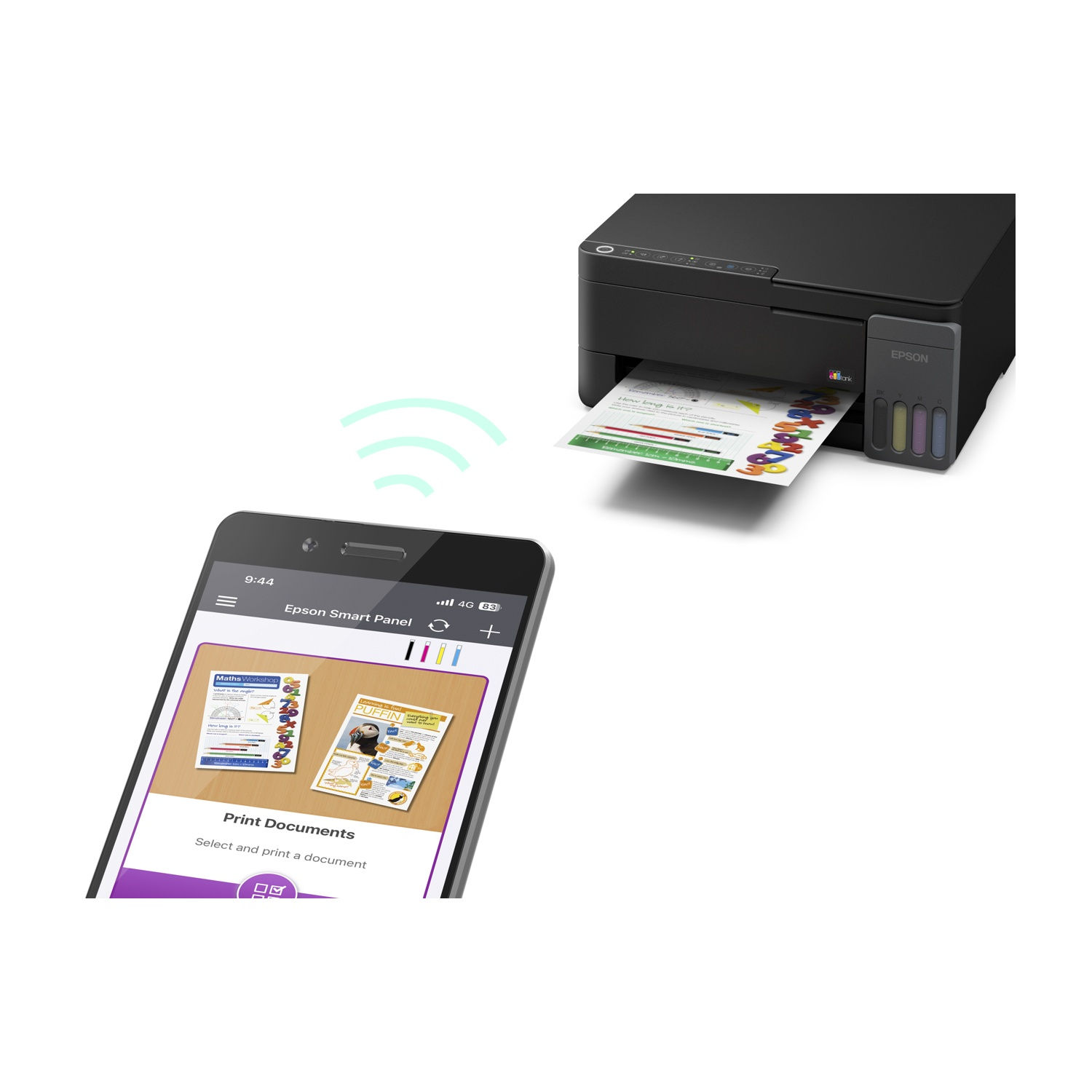 Uno smartphone si connette senza fili a una stampante Epson nera, stampando documenti.