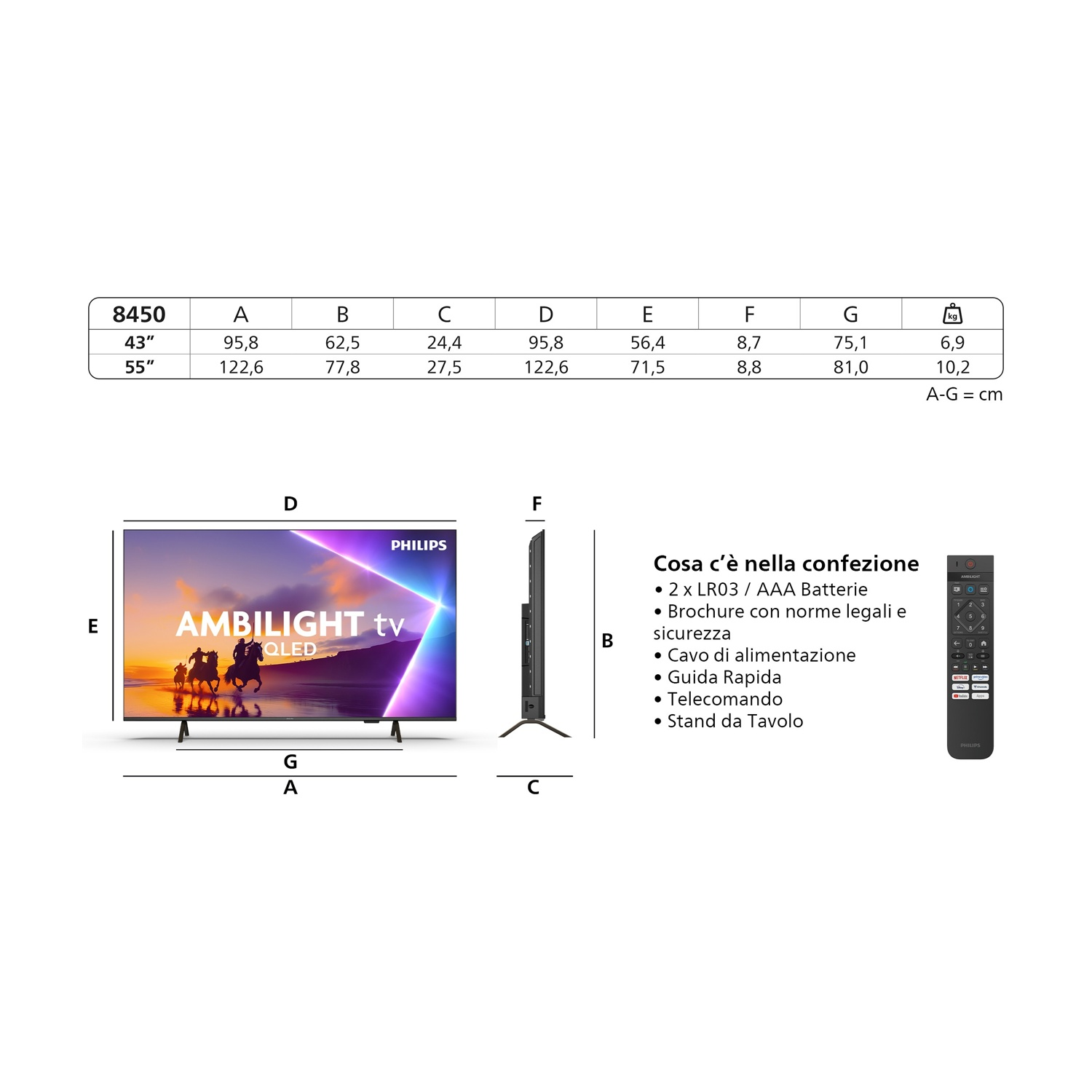 Diagramma con dimensioni TV Philips Ambilight, contenuto della confezione e telecomando.