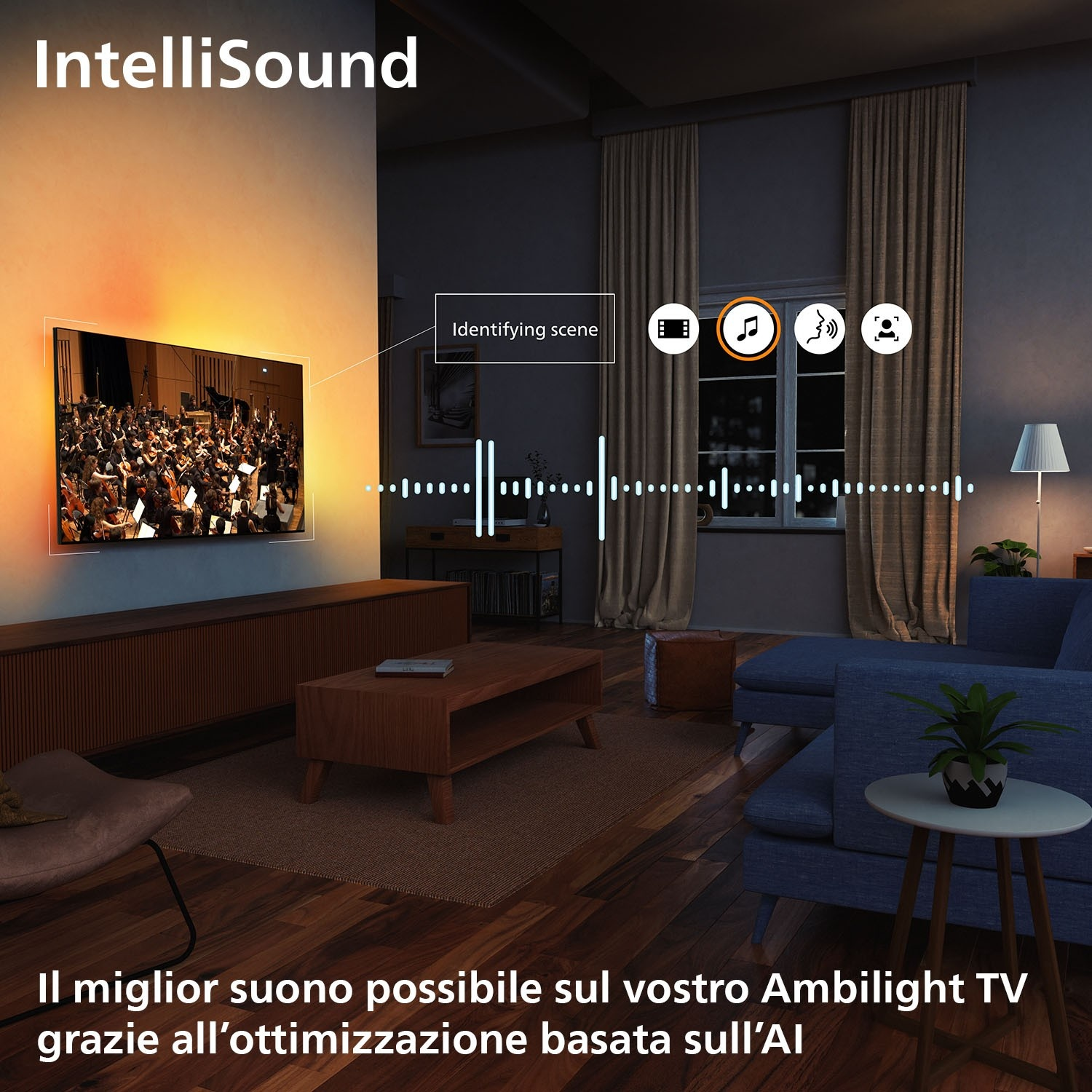 Soggiorno con TV Ambilight e visualizzazione audio basata su IA.