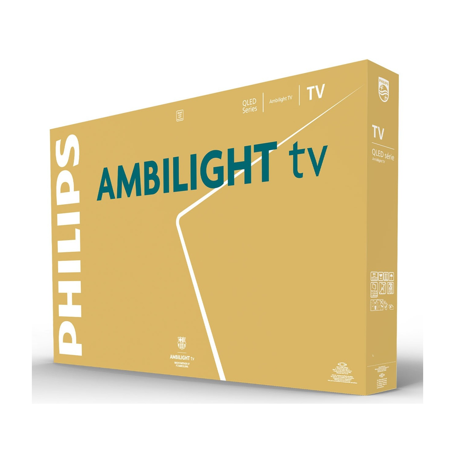 Scatola di cartone per TV Philips Ambilight QLED color oro con logo Philips bianco a sinistra.